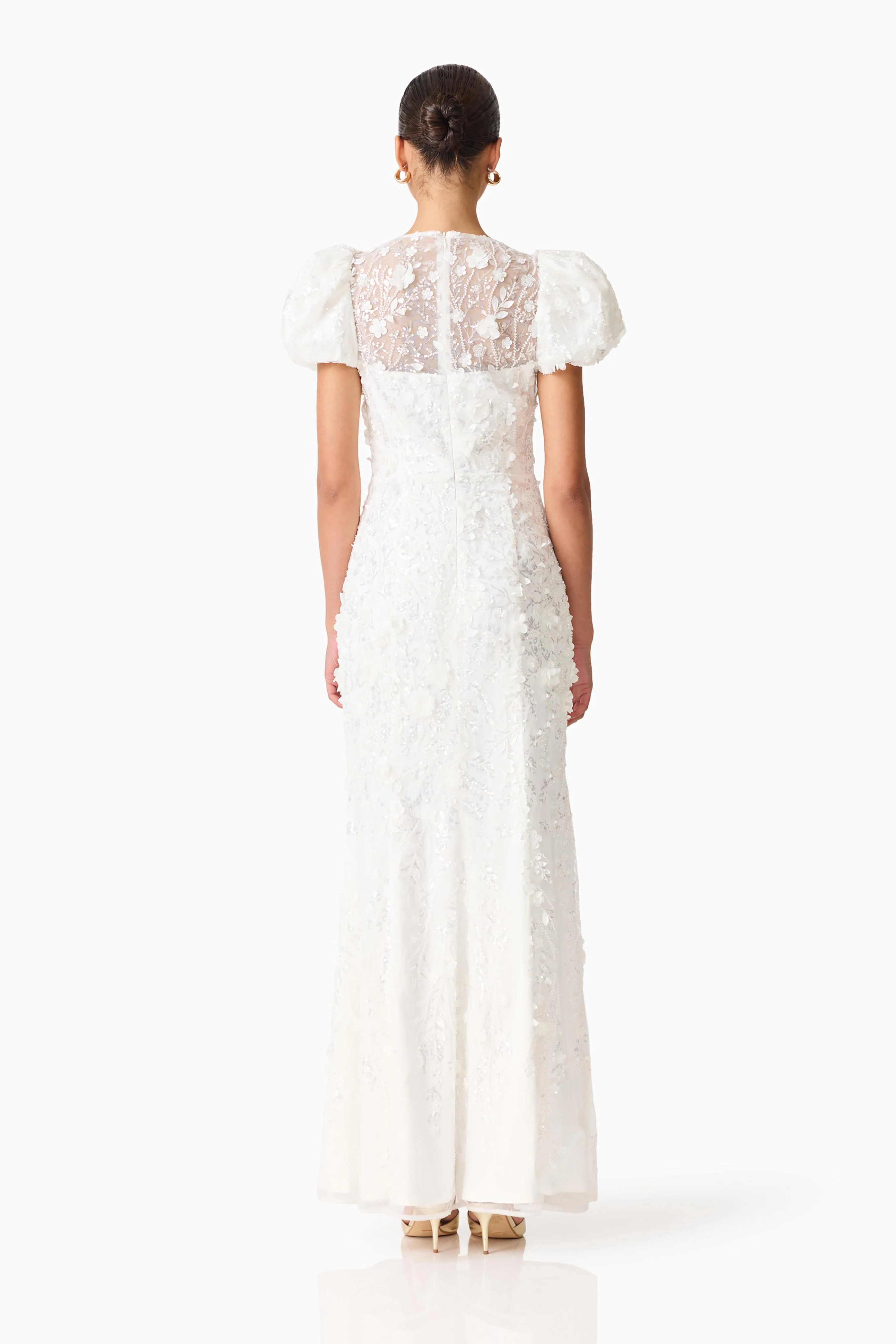 Rina Beaded Puff Sleeve Gown in White