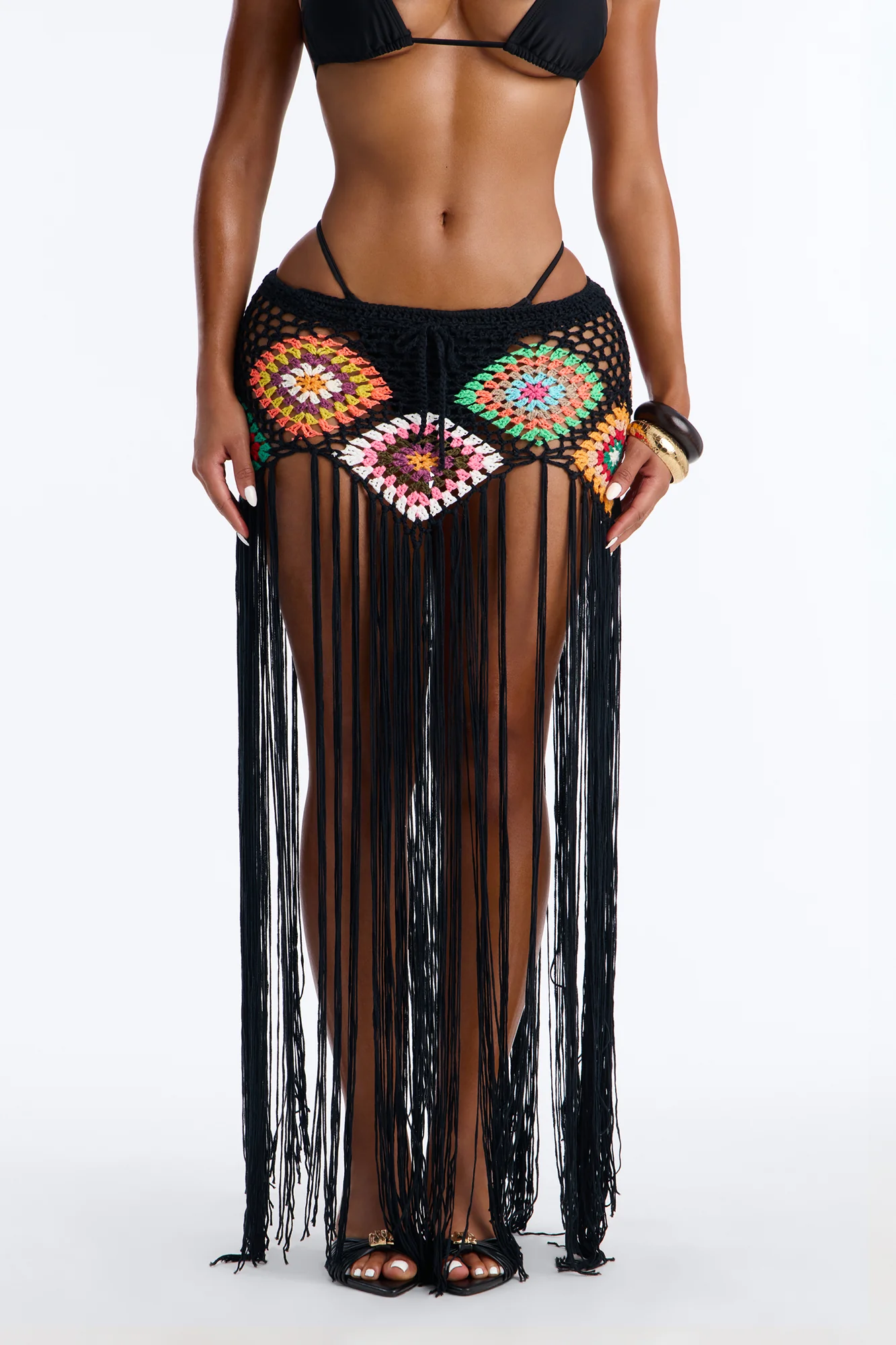 Aliana Crochet Fringe Cover Up Skirt - Black/combo