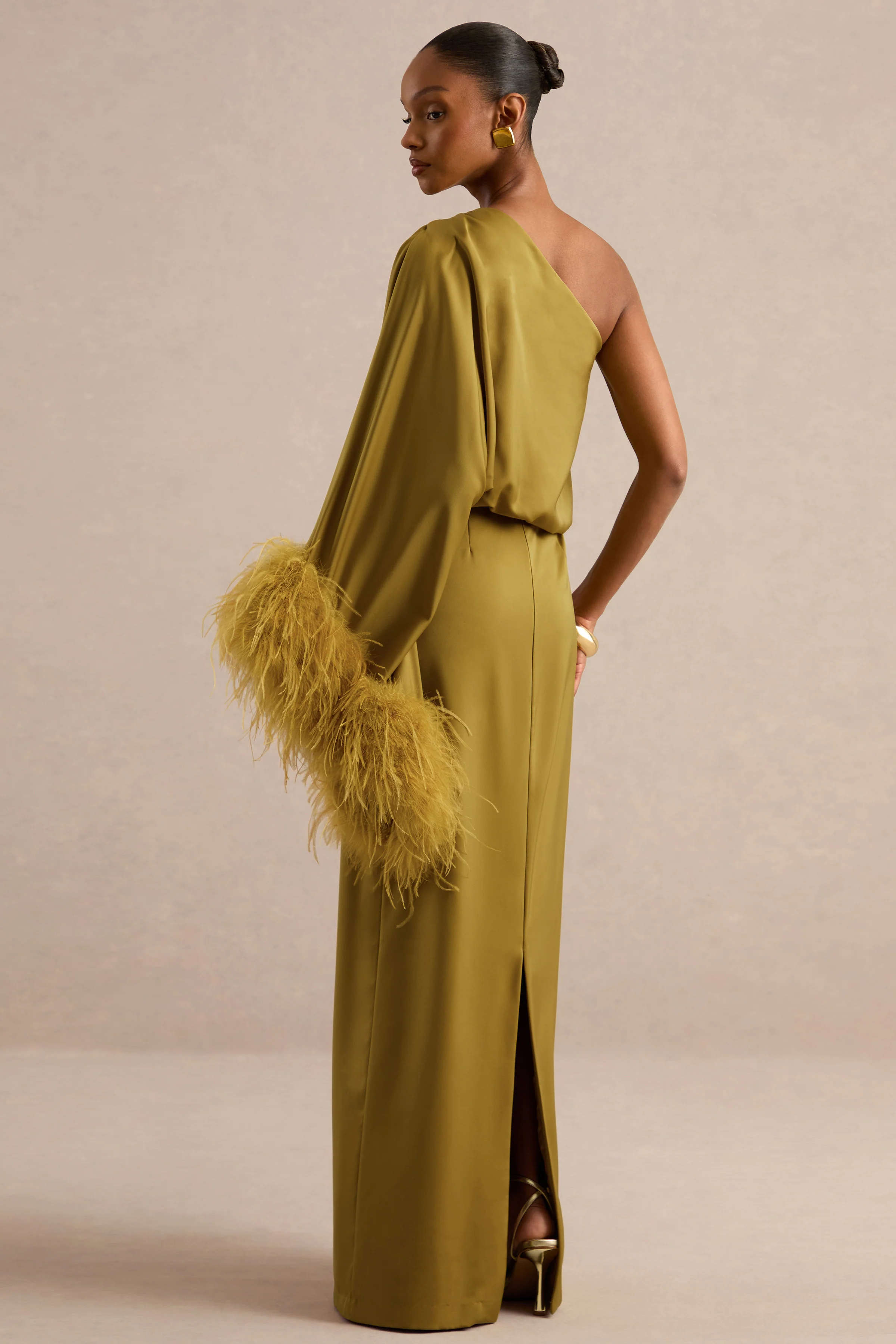 Felicity | Olive Satin Asymmetric-Neck Maxi Dress With Feather Detailing