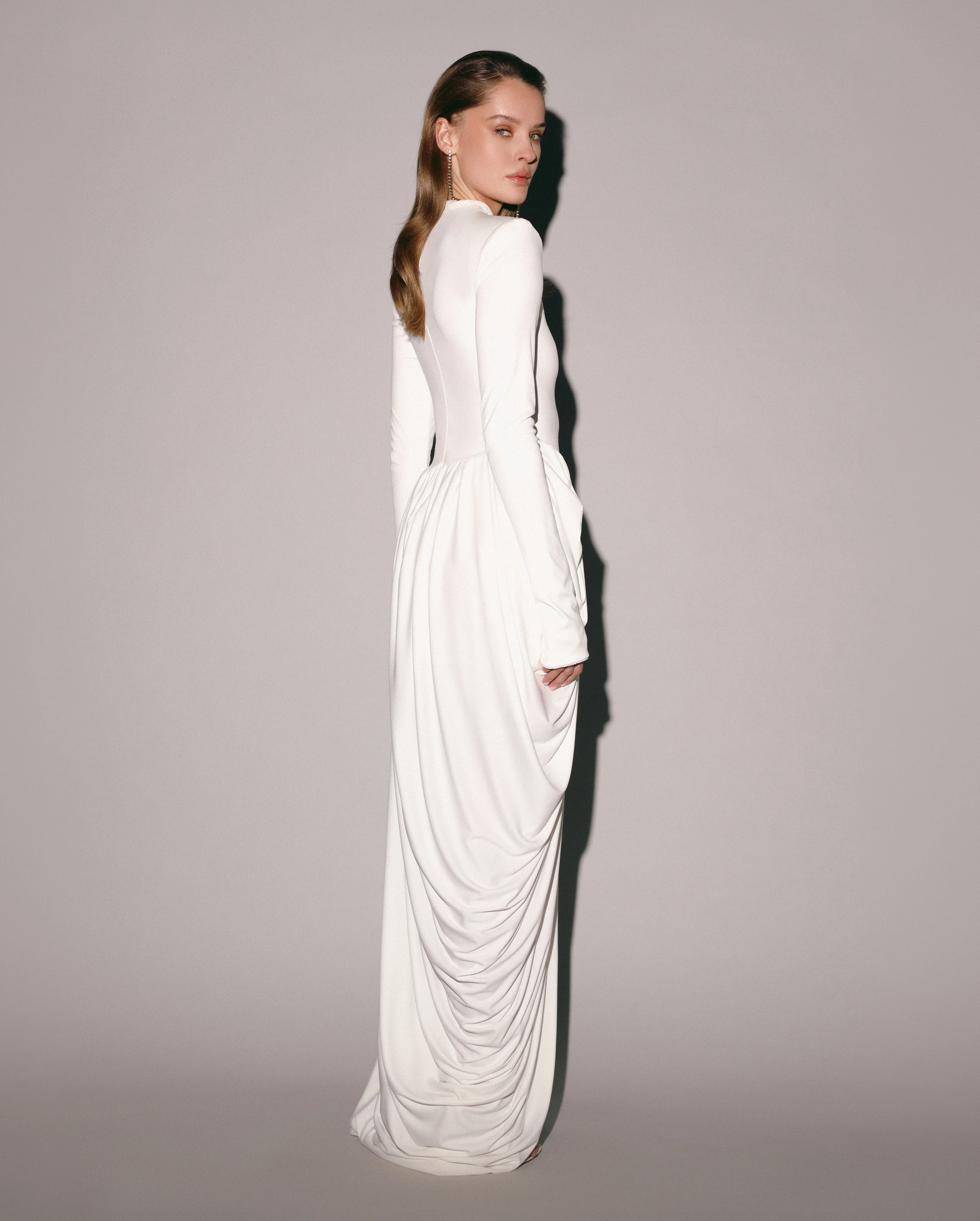 White Maxi Dress with Slit and Long Sleeves