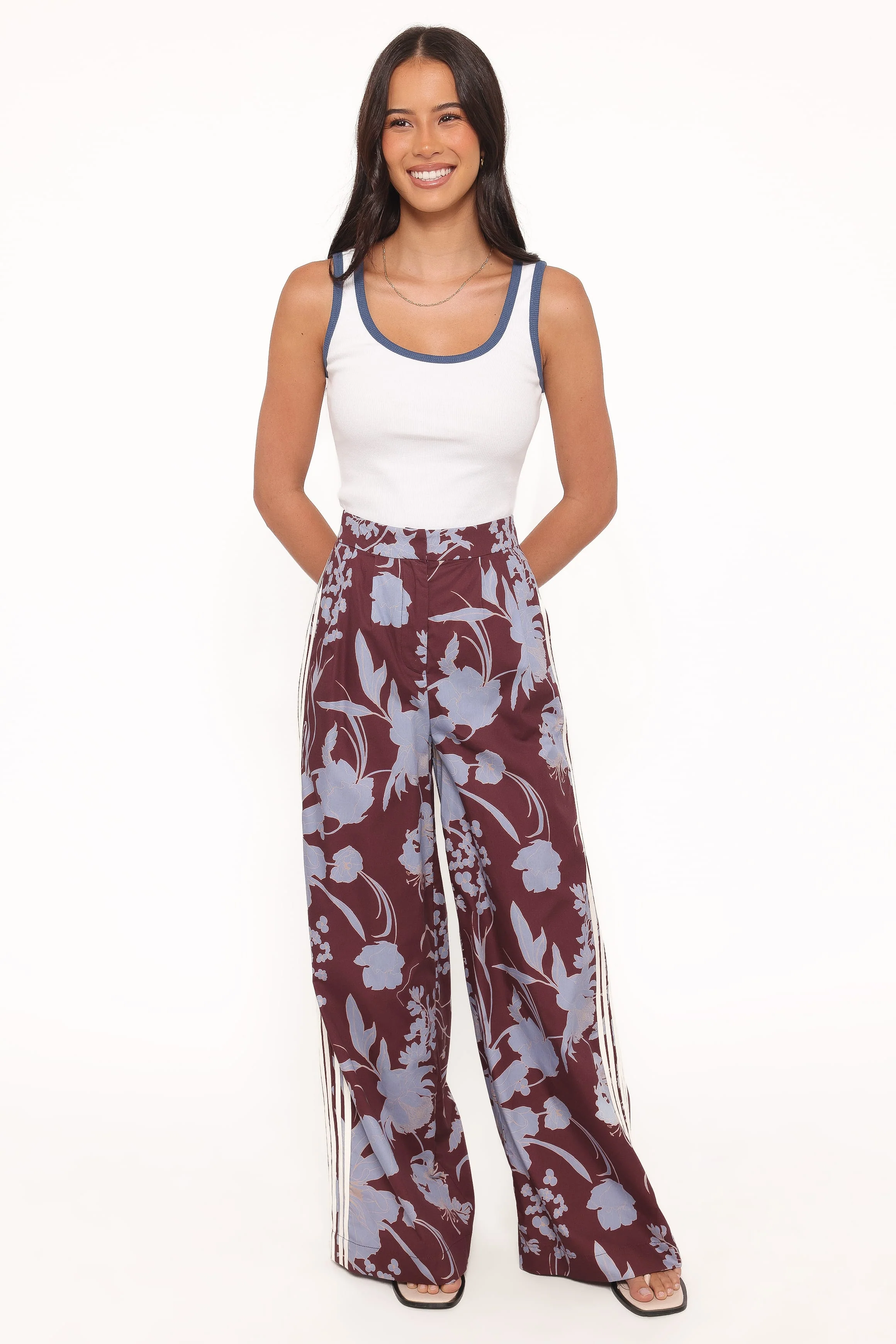 Aine Wide Leg Tailored Pant - Burgundy Floral
