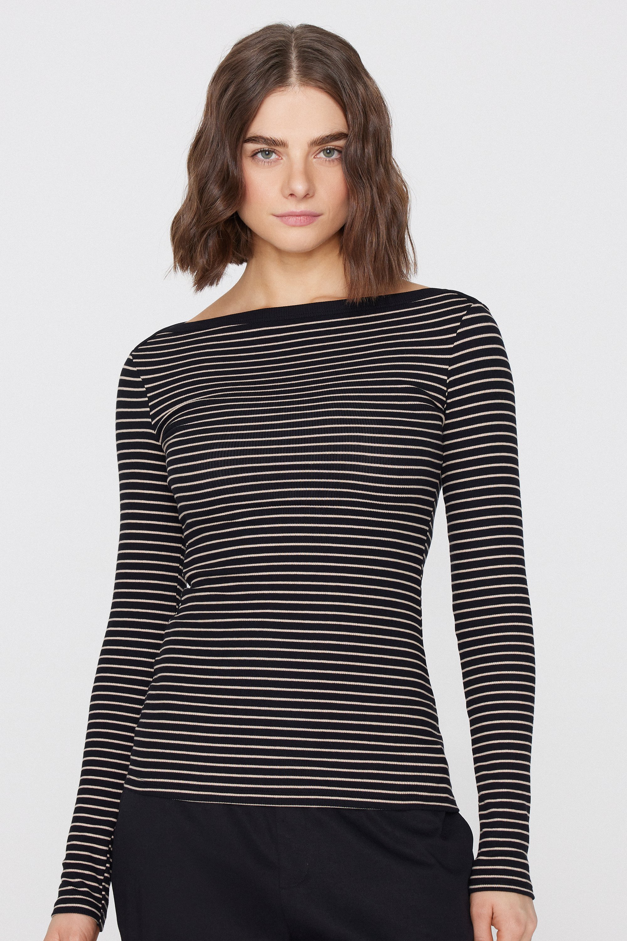 Ribbed Cotton Top with Boat Neck and Stripes