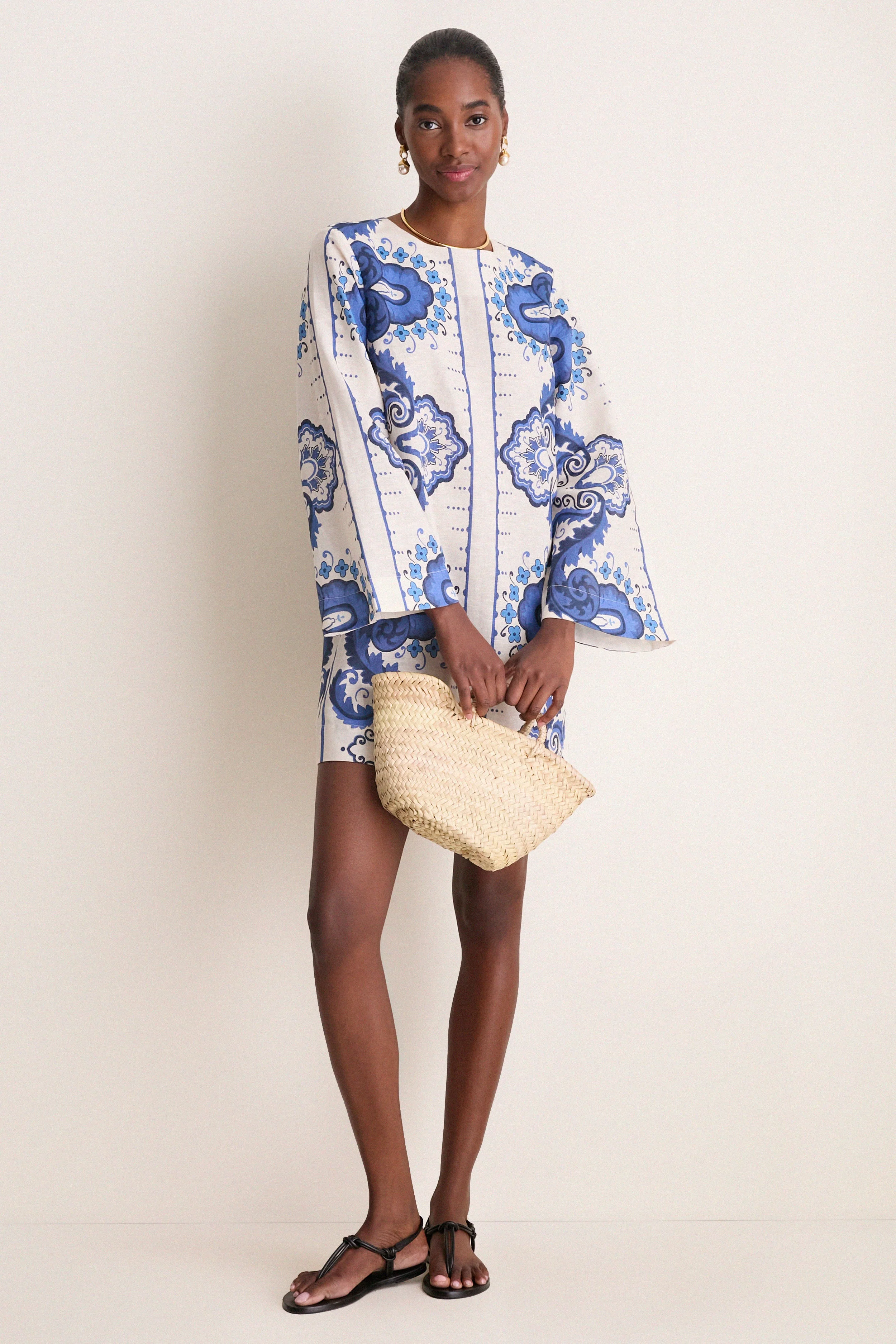 Ultramarine Medallion Cotton Linen Linden Mini Dress