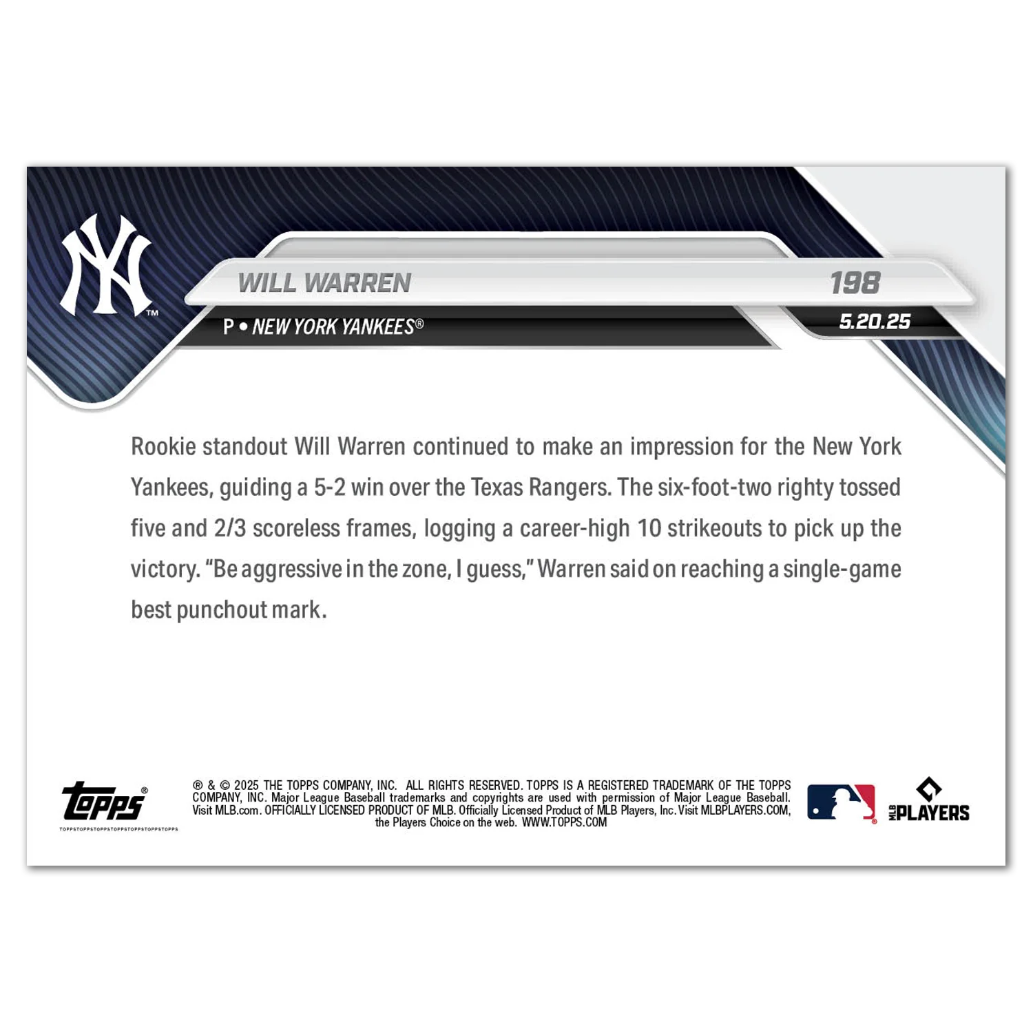 Will Warren - 2025 MLB Topps NOW® - Card 198