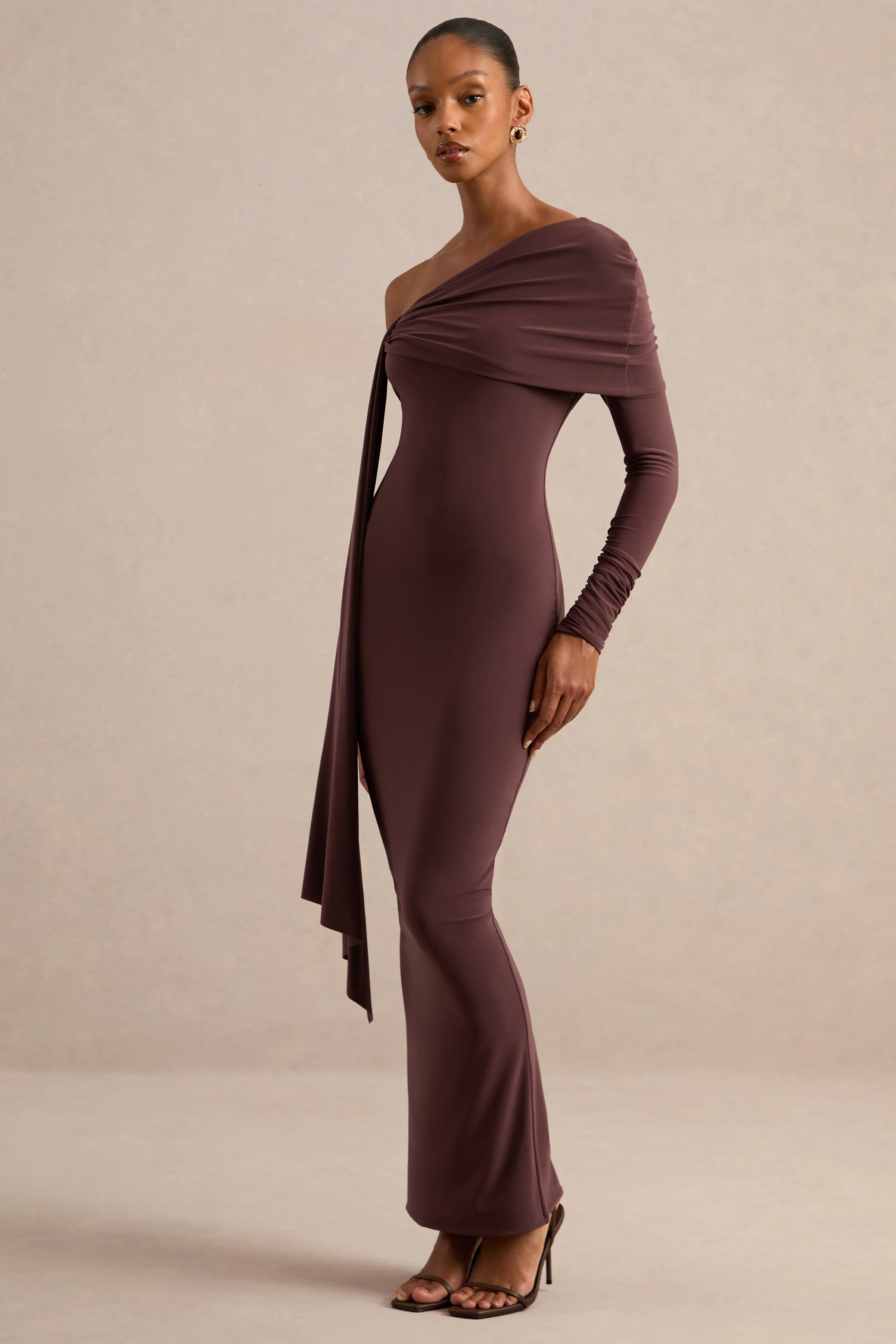 Faeryn | Dark Brown Jersey One Shoulder Long Sleeve Maxi Dress With Sash