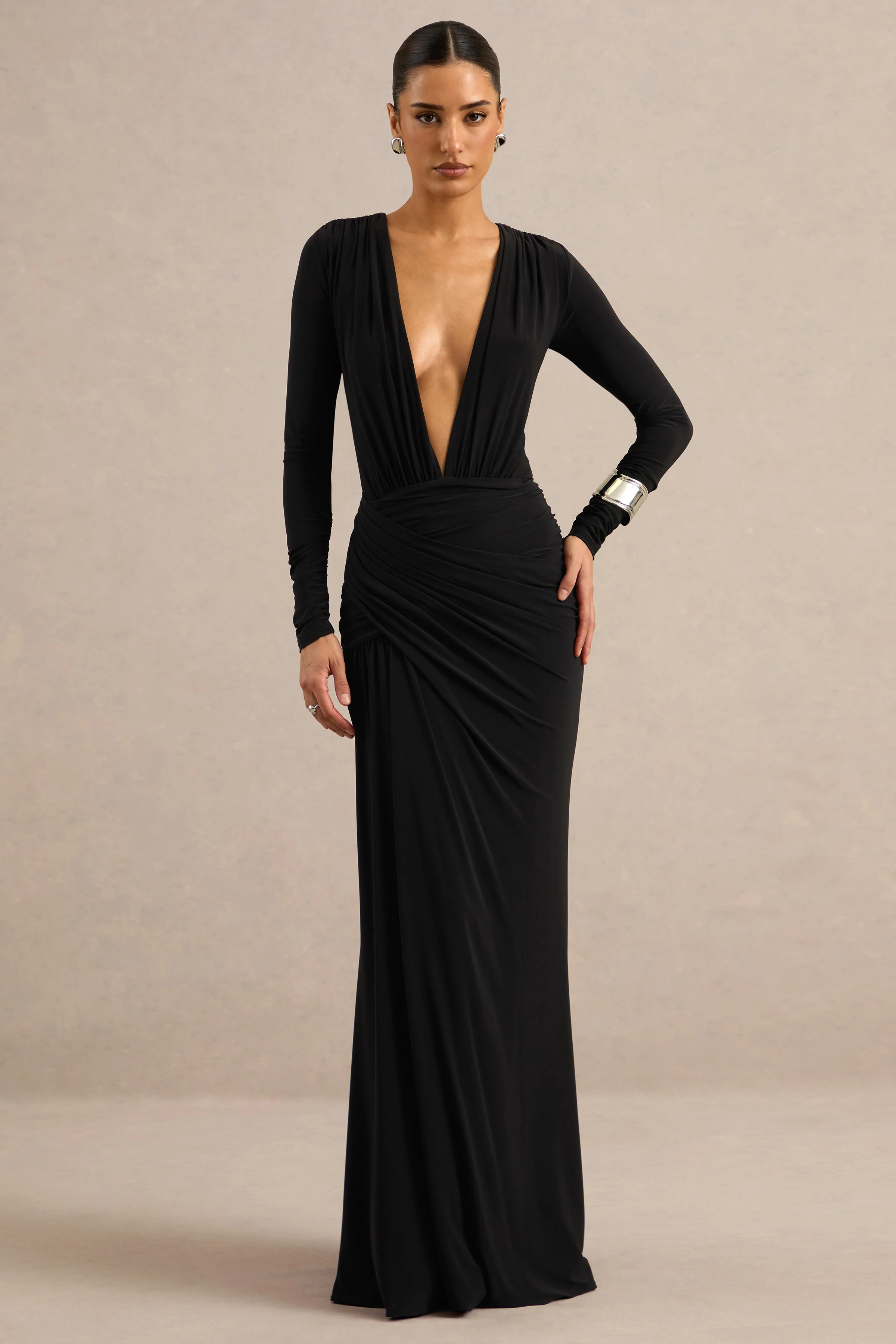 Tahlina | Black Jersey Ruched Plunge Long Sleeve Maxi Dress With Draped Detailing
