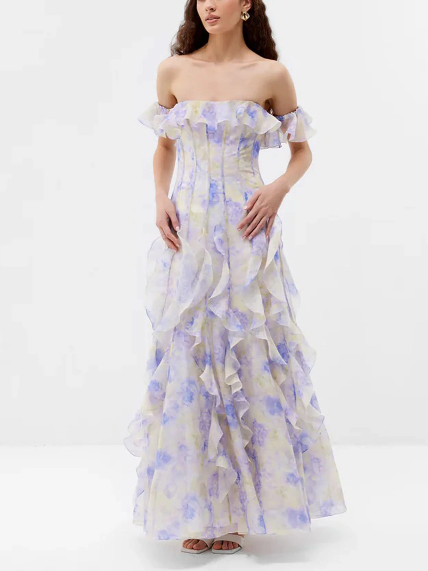 Lilac Off-Shoulder Ruffle Maxi Dress