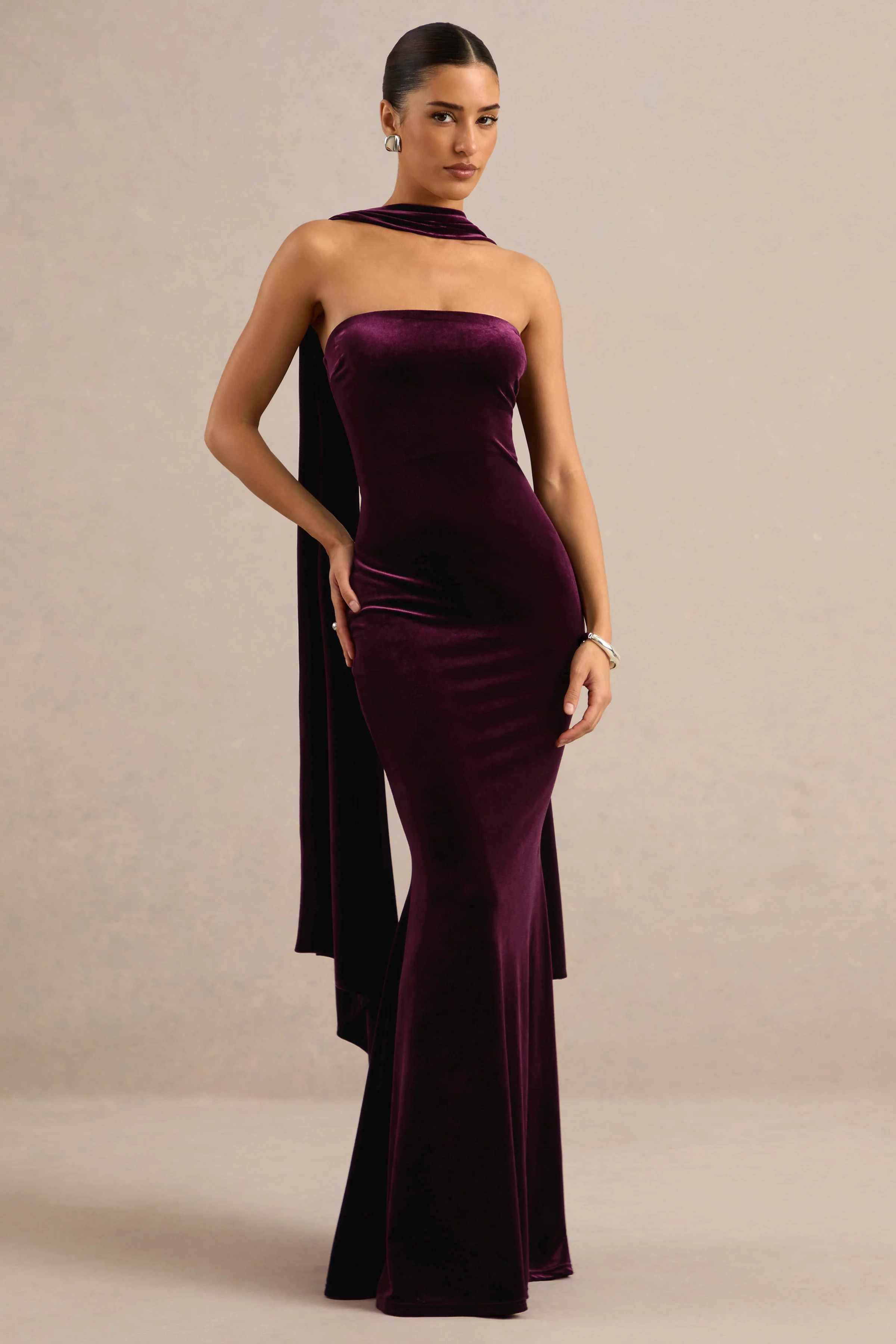 Vesperine | Purple Velvet Bandeau Maxi Dress With Back Split And Scarf Detail