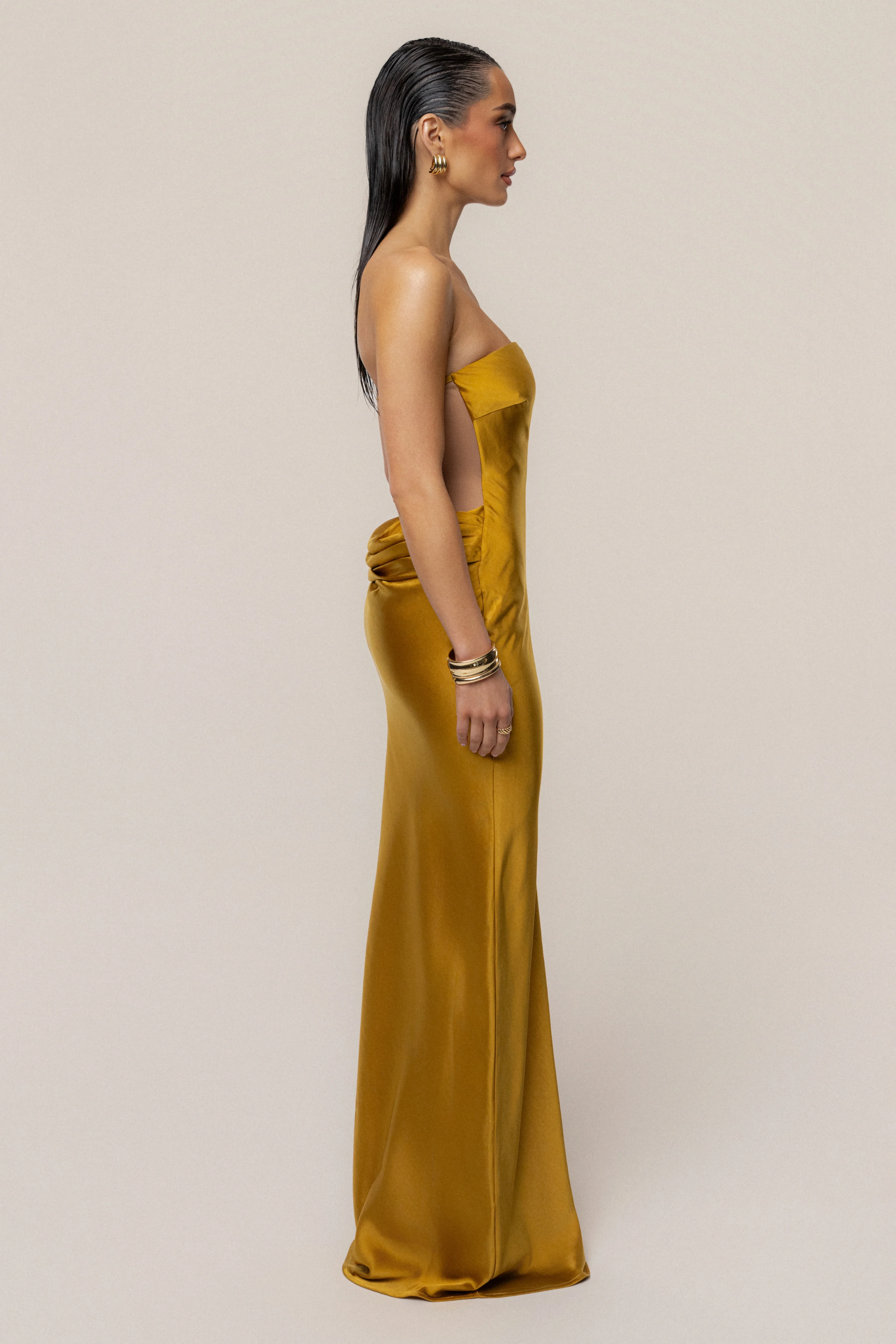 Gold Regal Rising Satin Maxi Dress