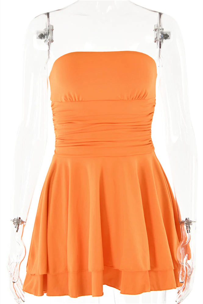 Strapless Orange Ruffle Ruched Short Dress