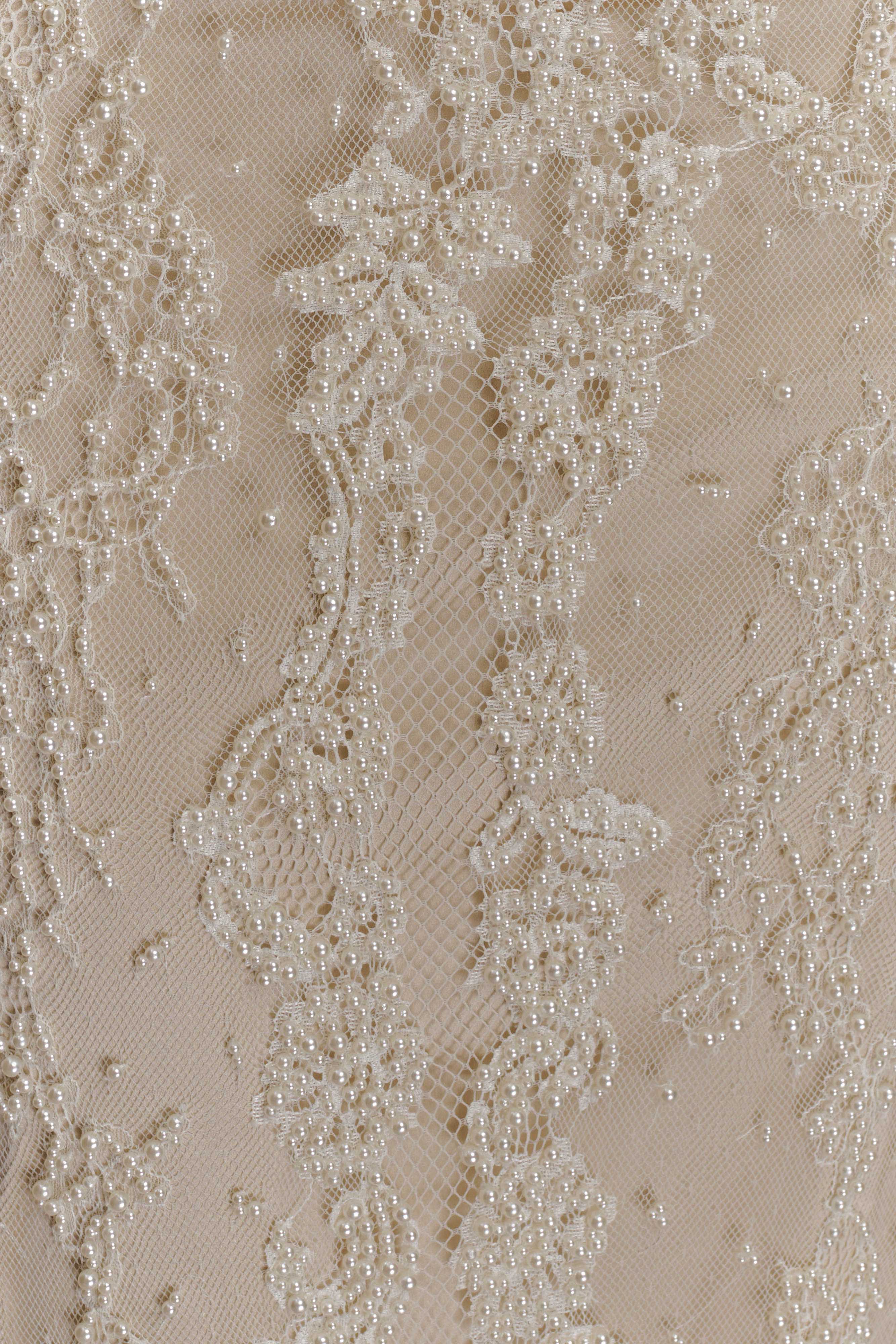 Eva Hand Beaded Pearl & Lace Maxi Dress - White