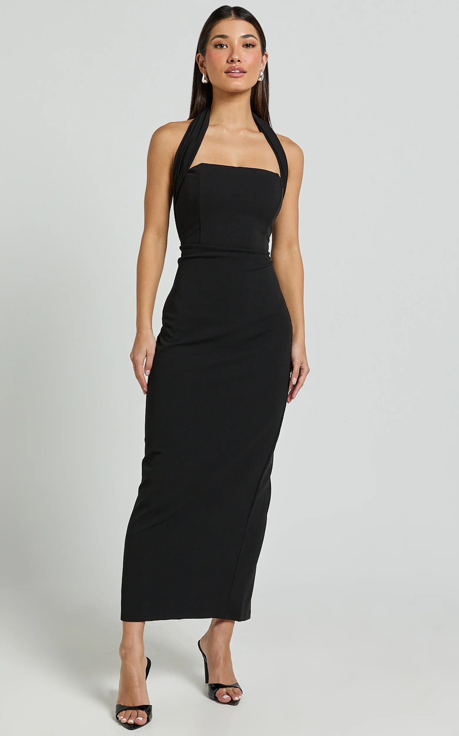 Salome Midi Dress - Halter Neck Column Dress in Black