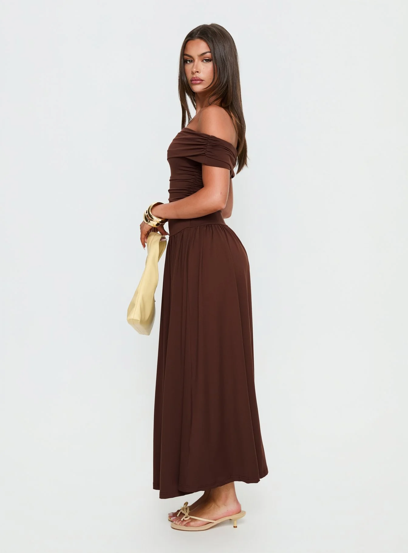 Katalia Off Shoulder Maxi Dress Chocolate Brown