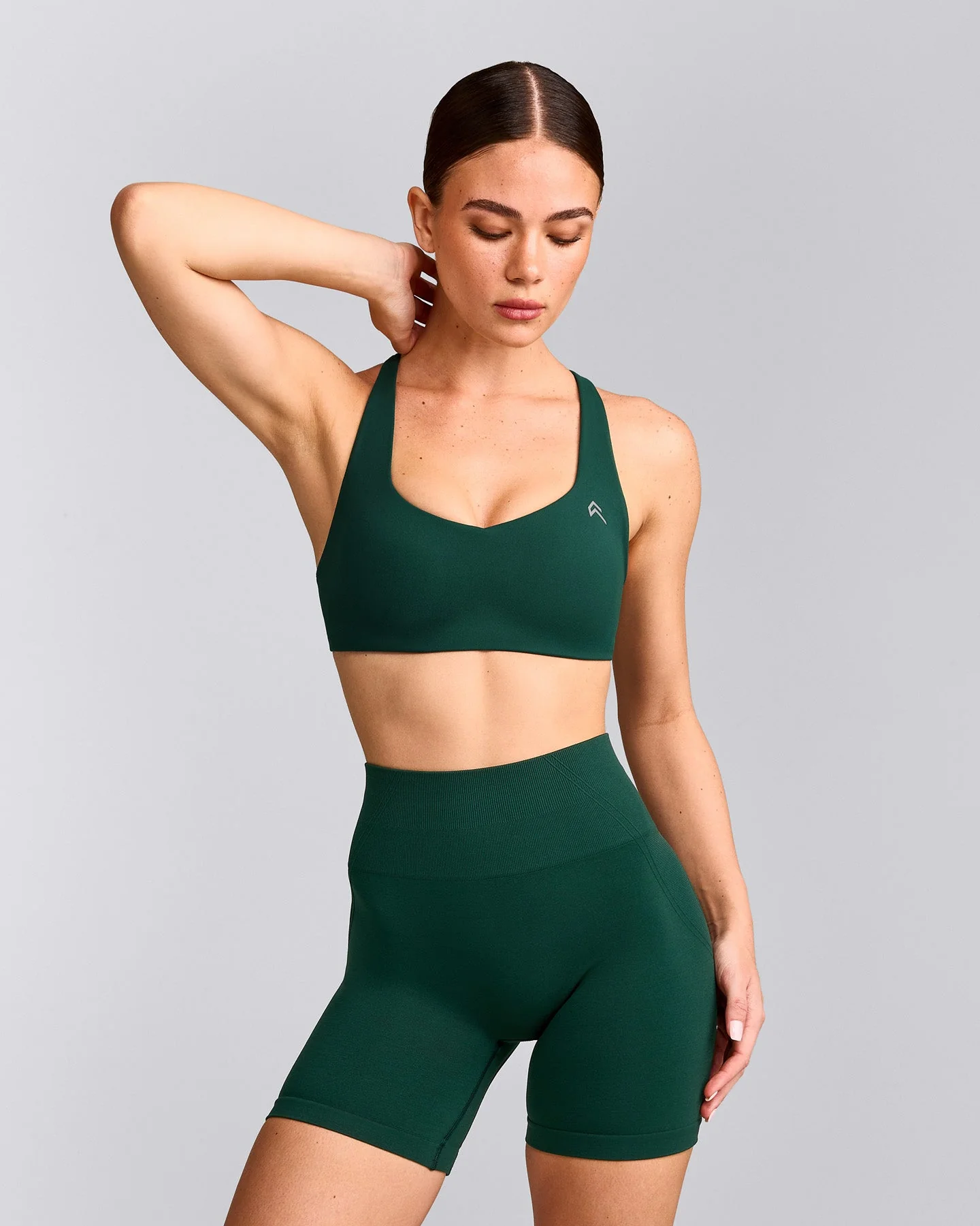 EasyLift™ Cross Back Sports Bra with Grey Logo | Racing Green