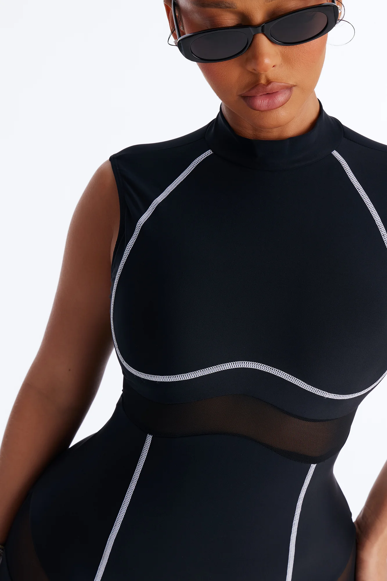 Jestena 1 Piece Turtle Neck Cutout Mesh Romper Swimsuit - Black