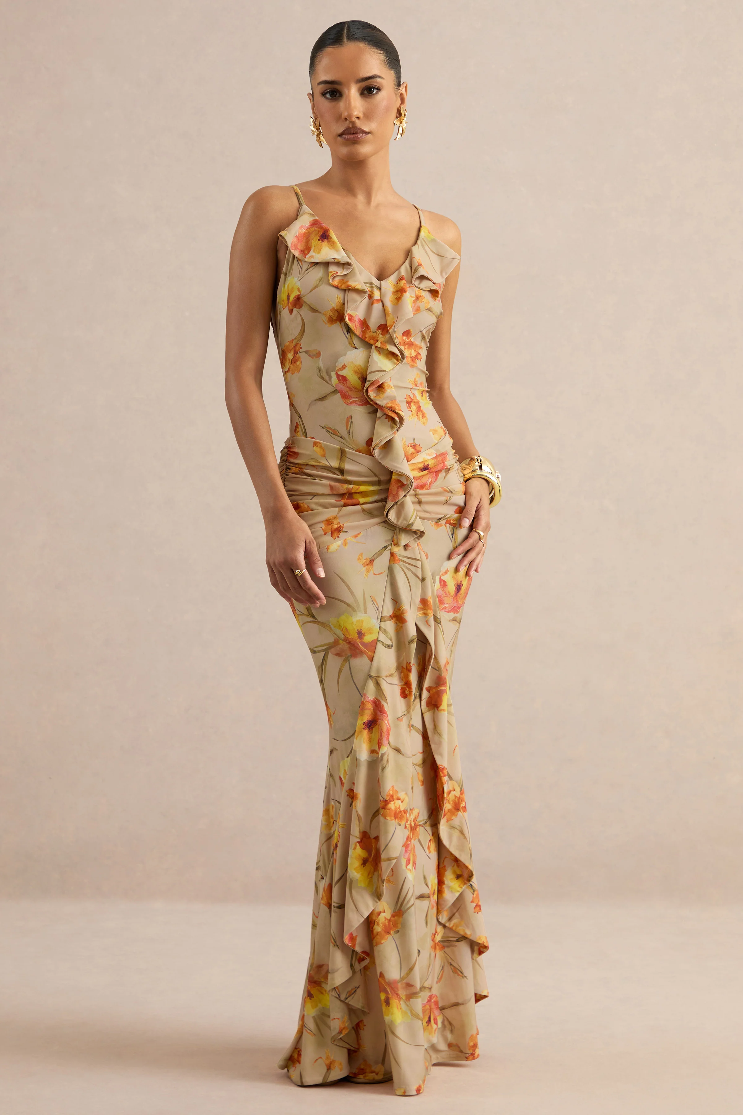 Amali | Orange Floral V-Neck Maxi Dress With Ruffled Detailing