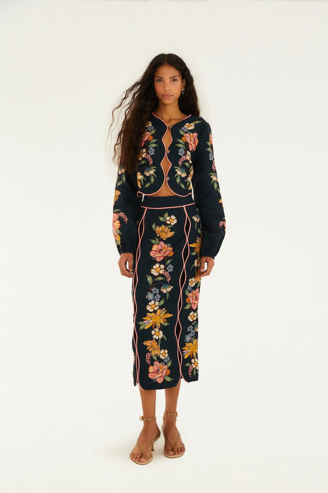 Dark Blue Maira Floral Midi Skirt