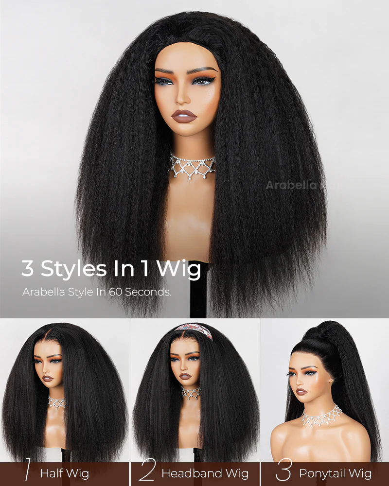 Ophirawig 3 In 1 Half Wig Glueless Yaki Straight Wig Invisi Drawstring Natural Black Endless Protective Styles