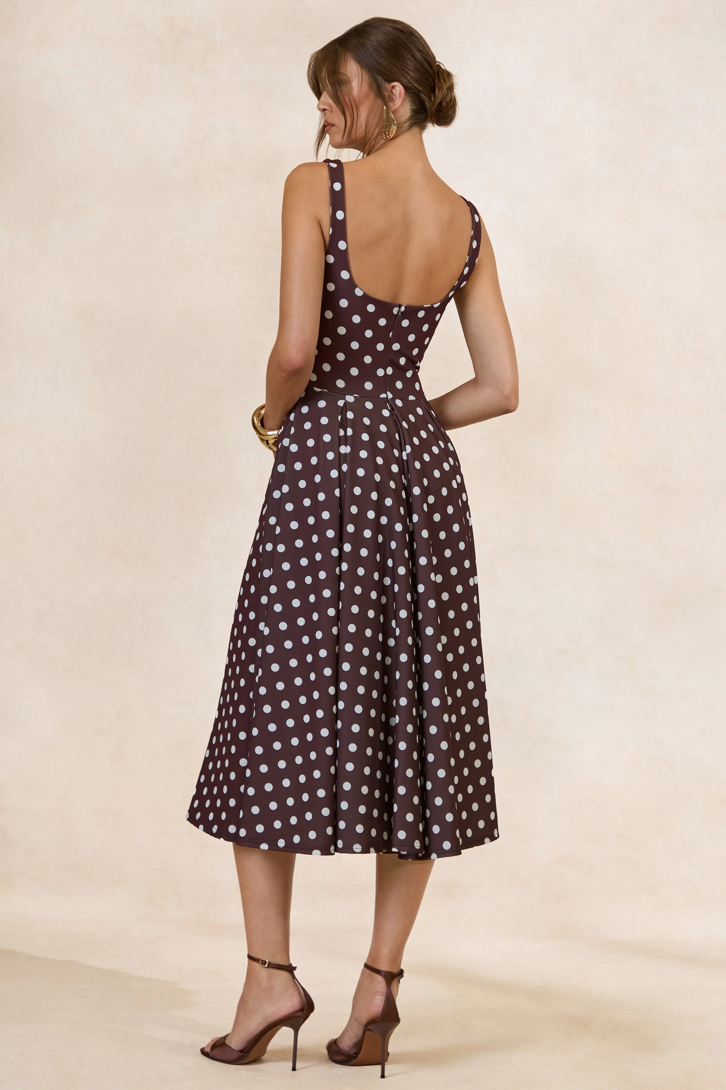 Lumera | Brown Polka-Dot Square-Neck Midi Dress