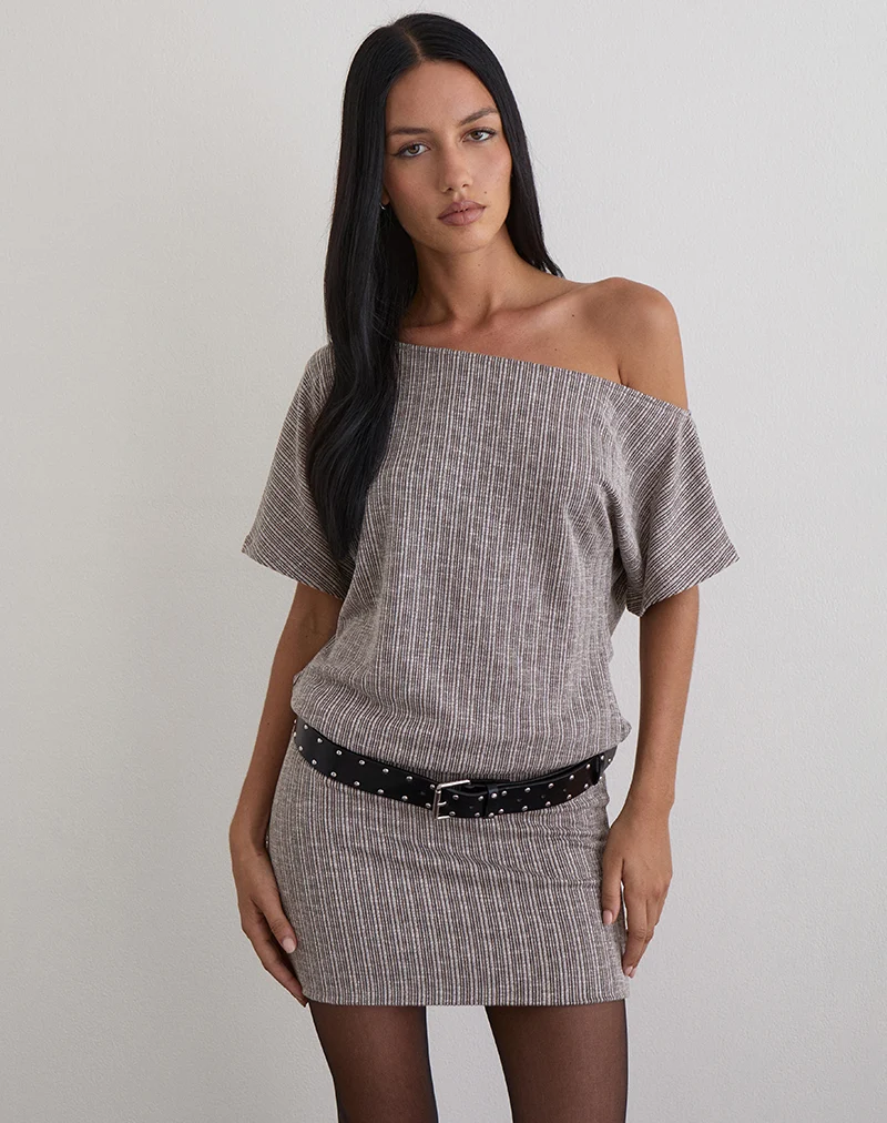 Amelita Mini Dress in Rib Knit Brown Grey