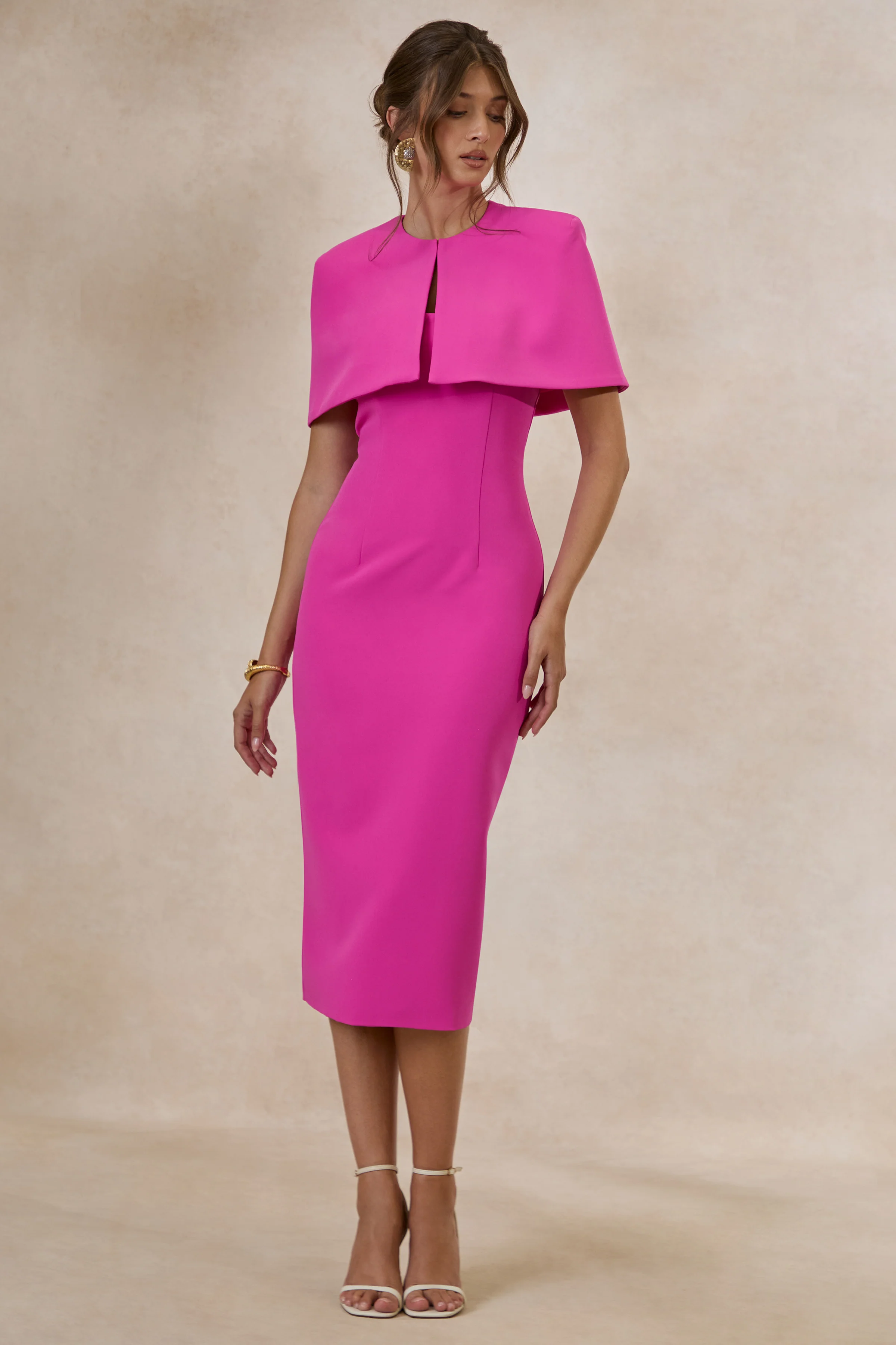 Celandia | Hot Pink Round Neck Midi Dress With Detachable Cape And Back Split