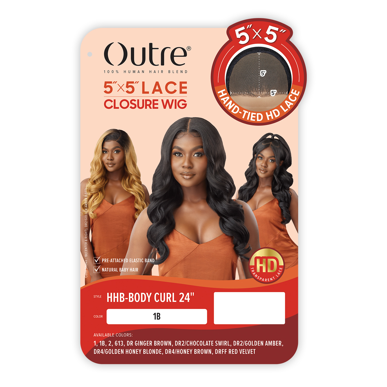 Outre Human Hair Blend Glueless HD 5X5 Lace Closure Wig Body Curl 24