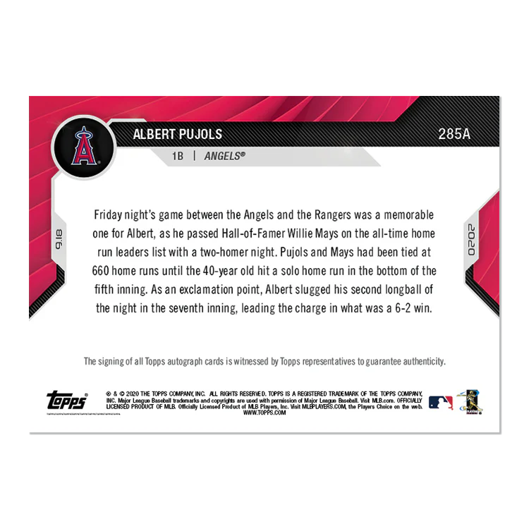 On-Card Auto # to 61 - Albert Pujols - MLB TOPPS NOW® Card A