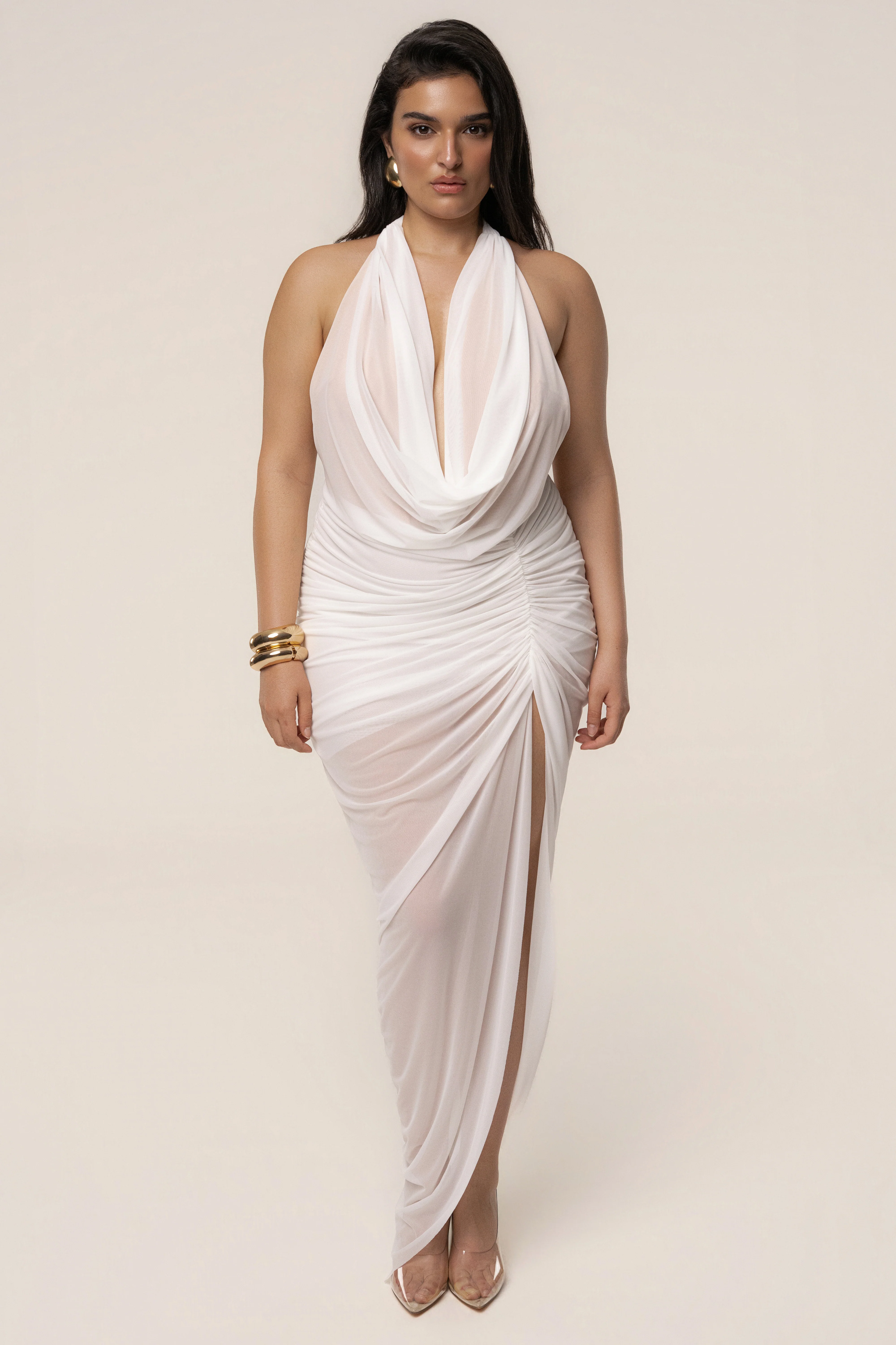 White Ariana Plunge Halter Dress