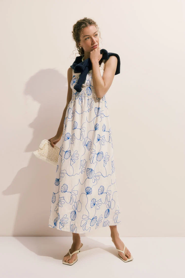 Cream & Royal Blue Embroidered Beverly Maxi Dress