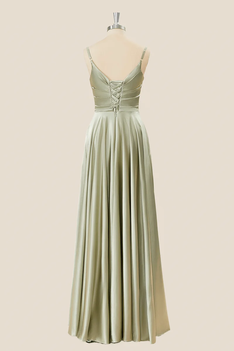 Sage Green Satin Straps A-line Long Formal Dress