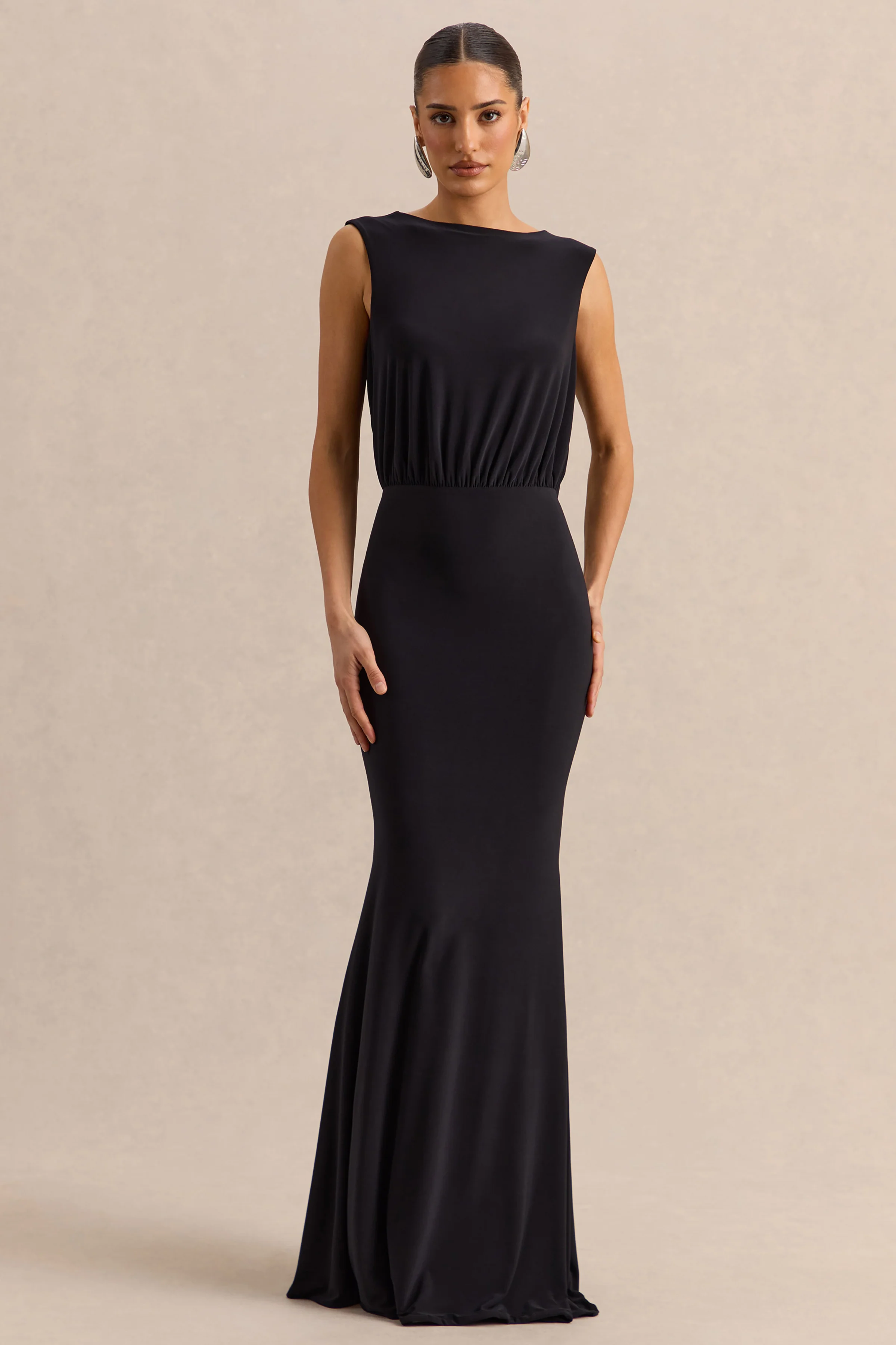 Elicette | Black Round-Neck Maxi Dress With Open-Back And Bow-Detail