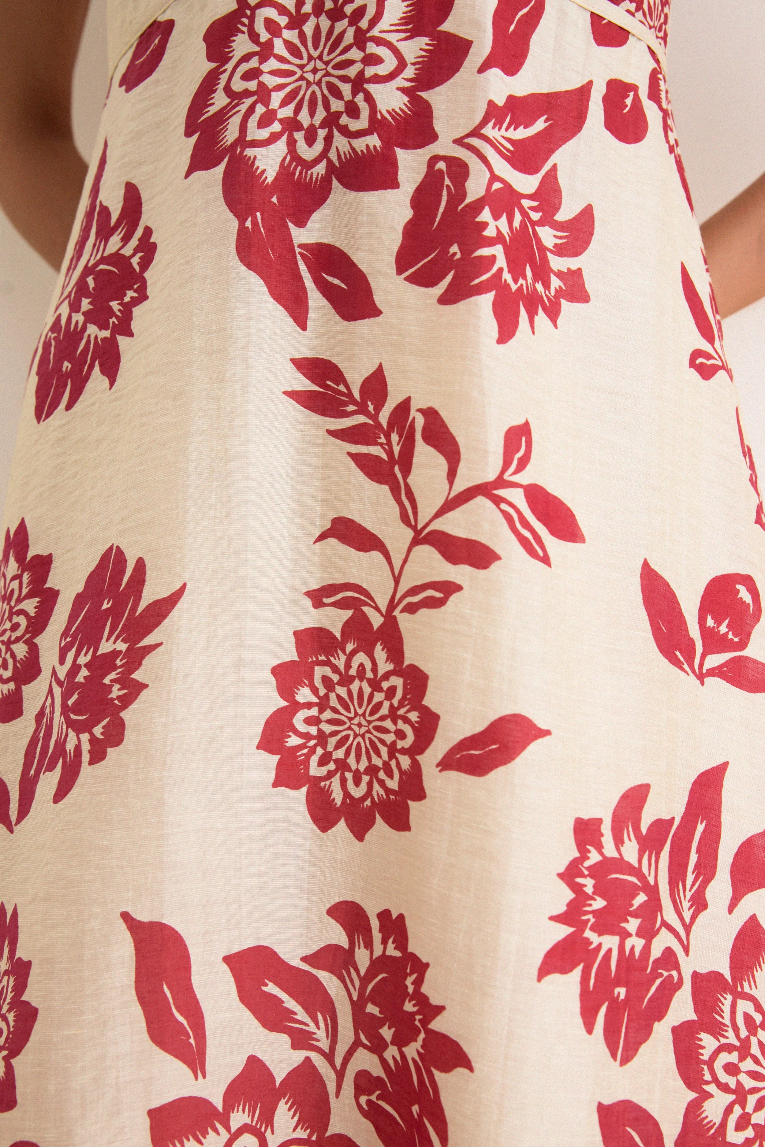 Cream and Red Jacqueline Flutter Sleeve Midi Dress