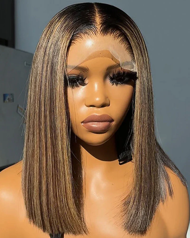 Ophirawig 6x5 invisible knots Glueless Honey Blonde Highlights On Black Straight Bob Wig Pre-cut Lace Beginner Friendly