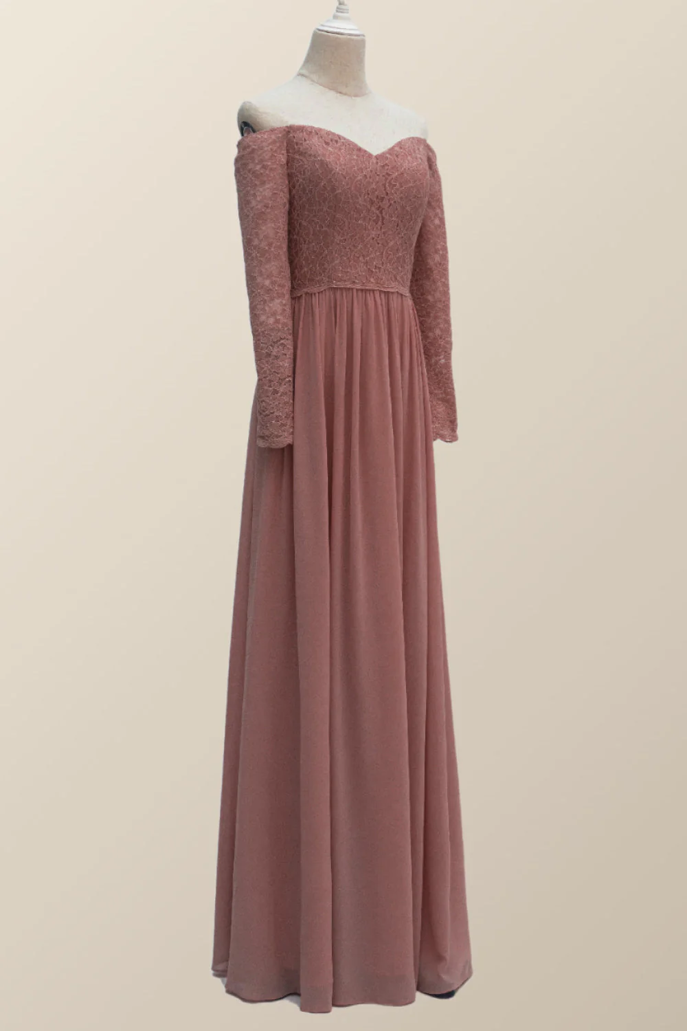 Dusty Rose Lace Long Sleeves Long Bridesmaid Dress