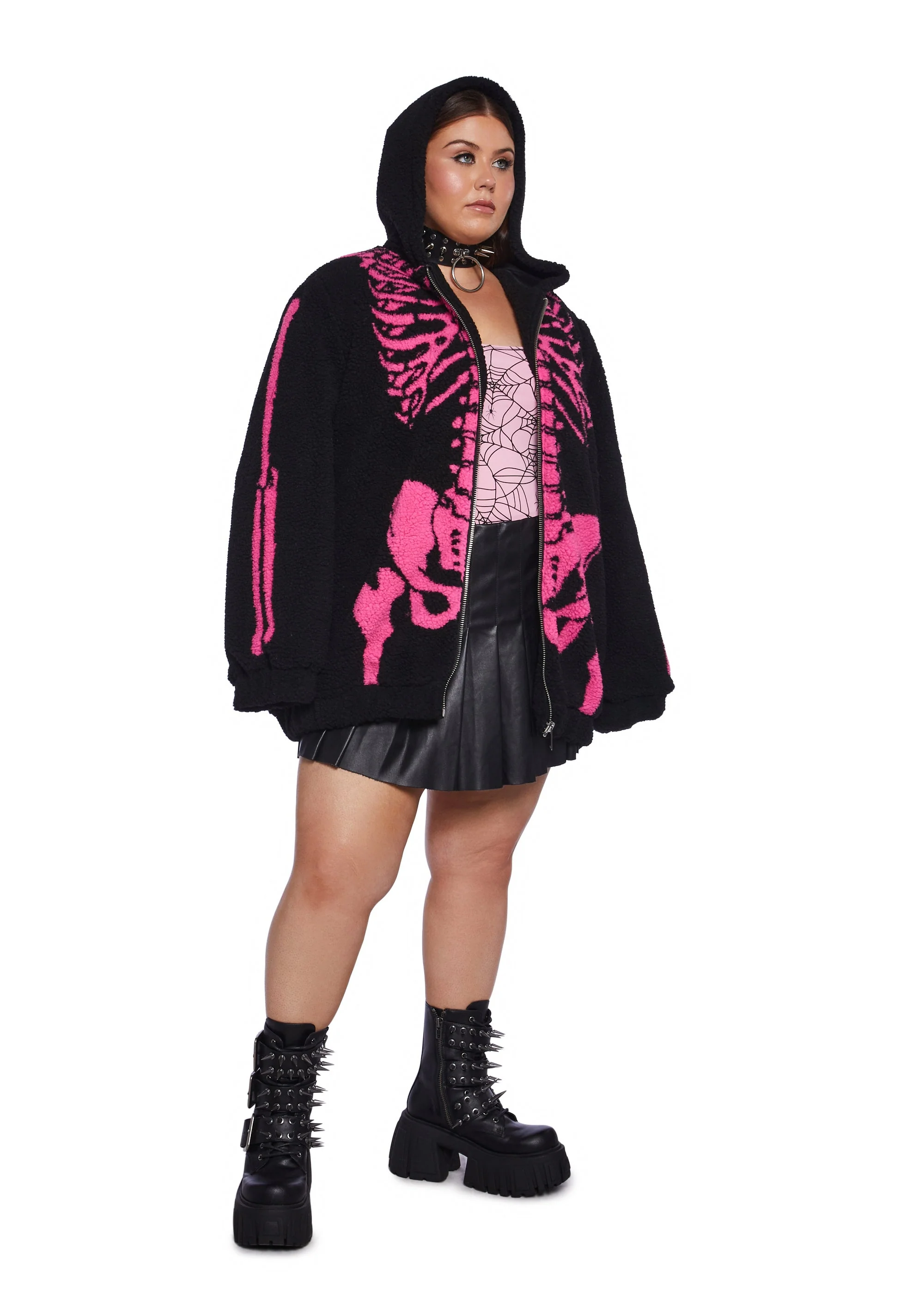 Baring It All Skeleton Hooded Sherpa Jacket - Pink