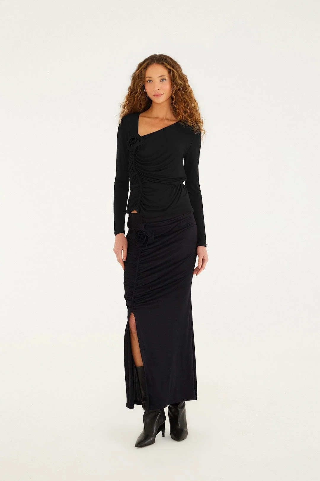Black Flower Draped Side Slit Midi Skirt