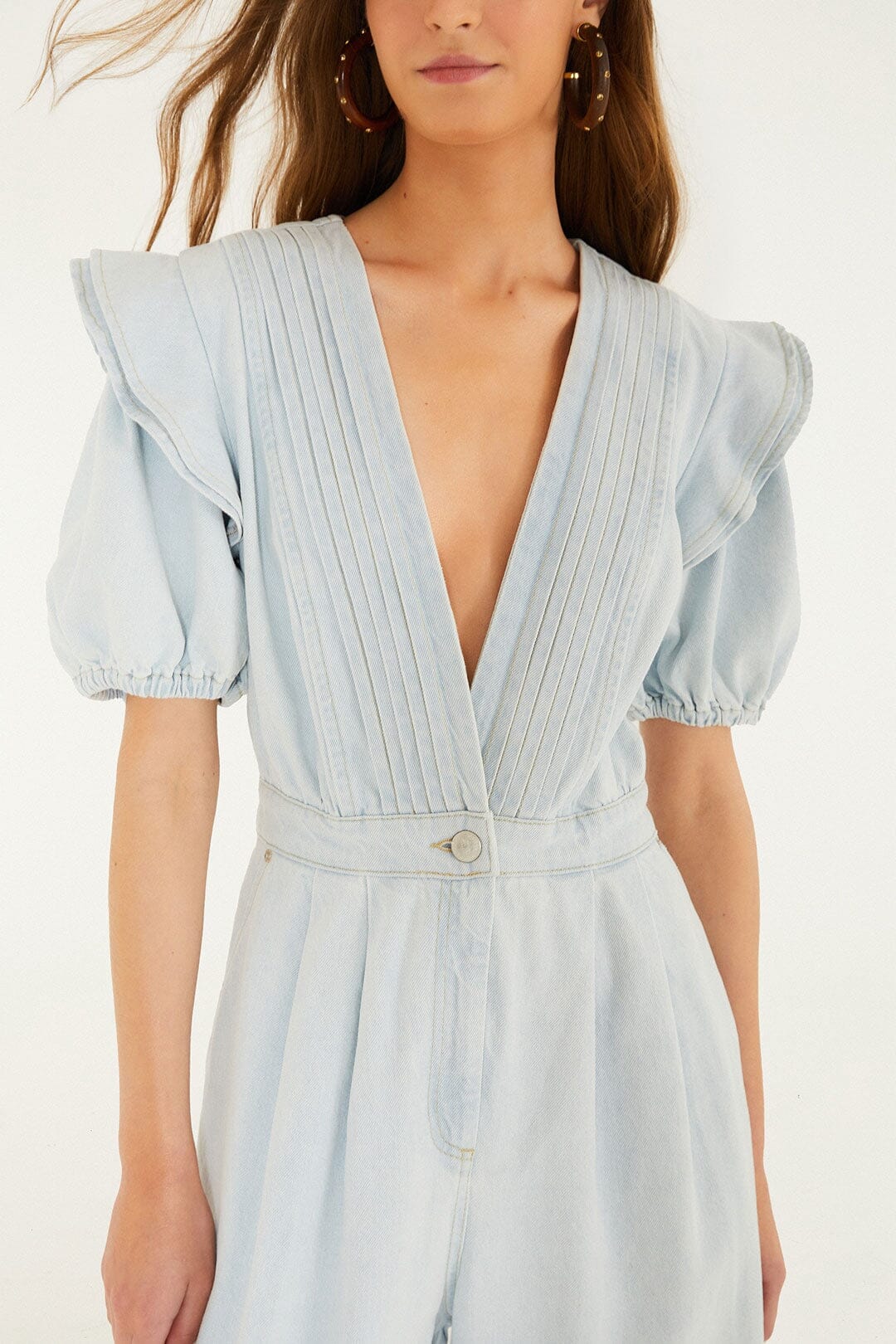 Denim V Neck Pleated Ruffled Jumpsuit
