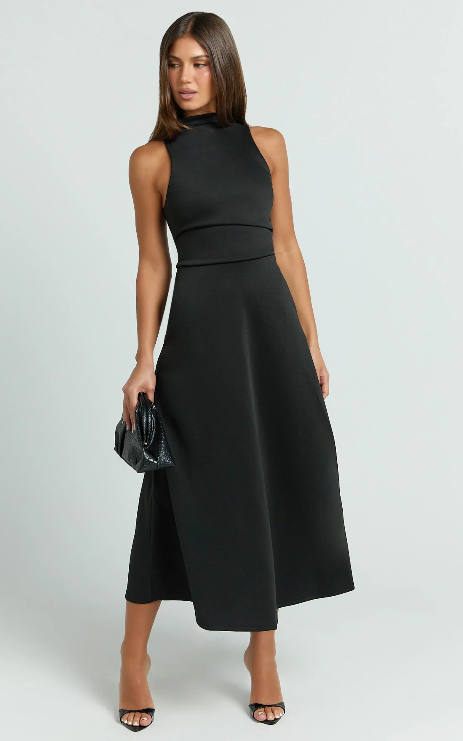 Macy Midi Dress - High Neck A Line Dress in Black