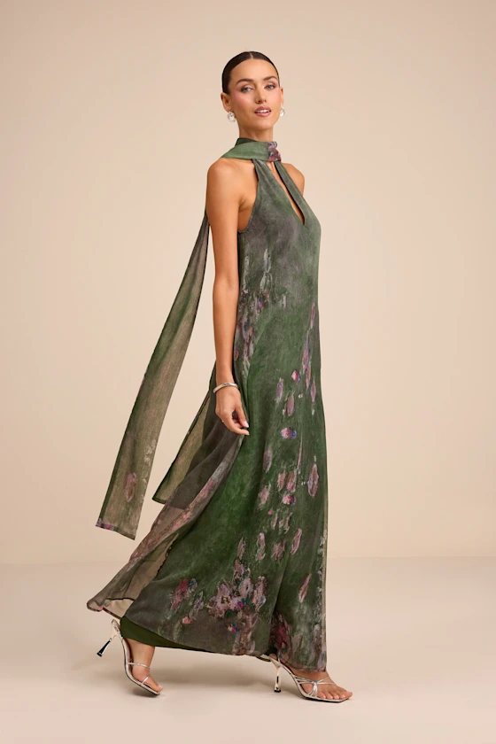 Calixta Green Abstract Chiffon Sash Shift Maxi Dress