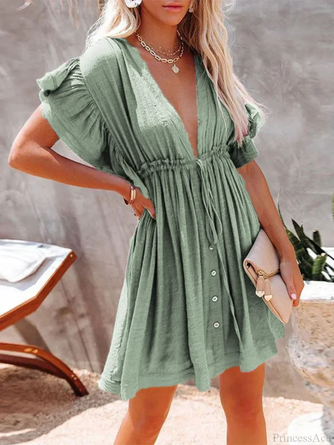 Deep V-Neck Ruffle Lace Up Beach Cover Up