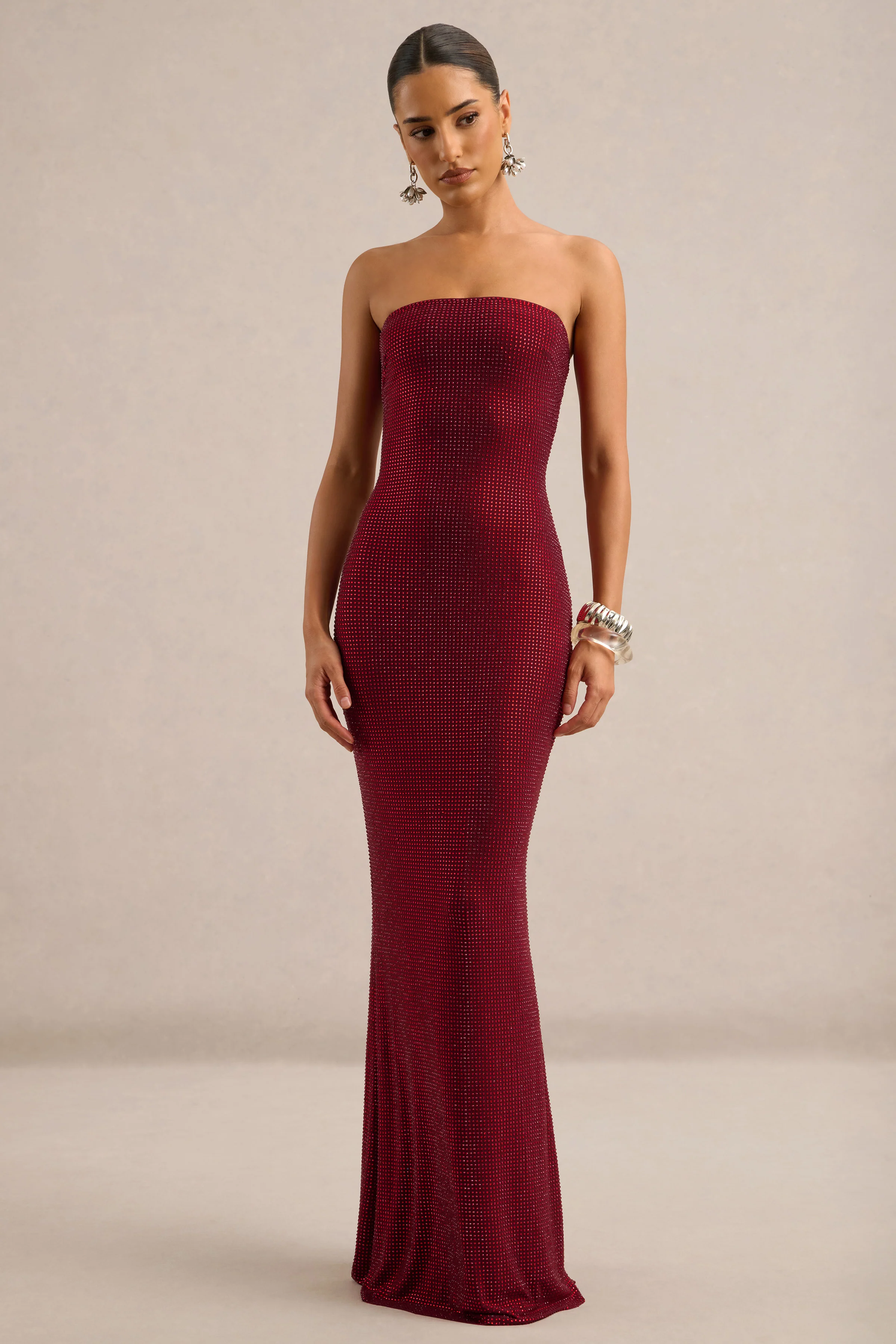 Dafina | Burgundy Embellished Jersey Bandeau Maxi Dress With Scarf Detail