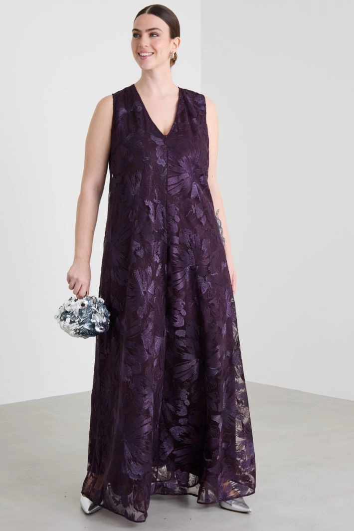 Long embroidered tulle dress - EGGPLANT