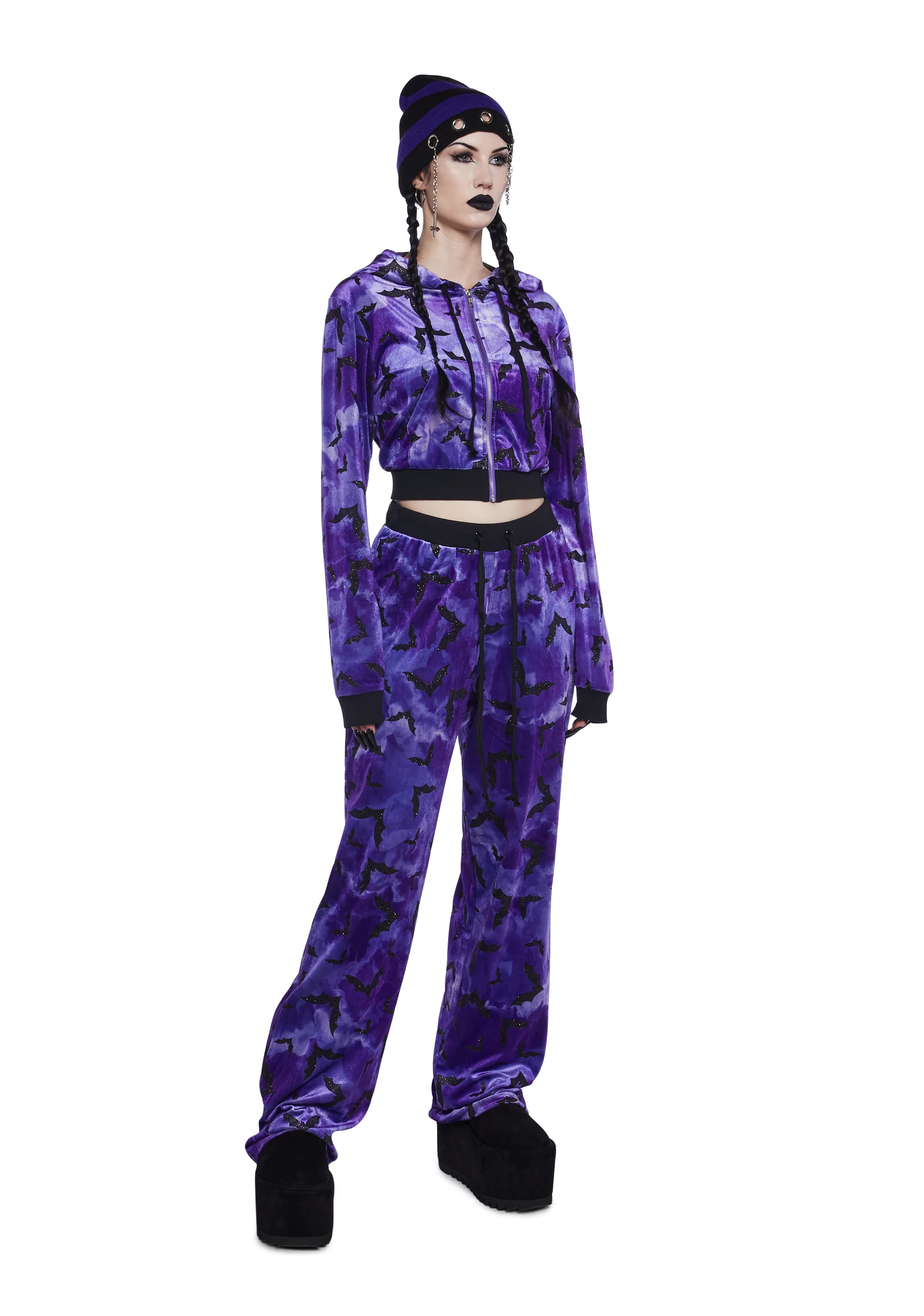 Bat Behavior Cropped Hoodie - Purple