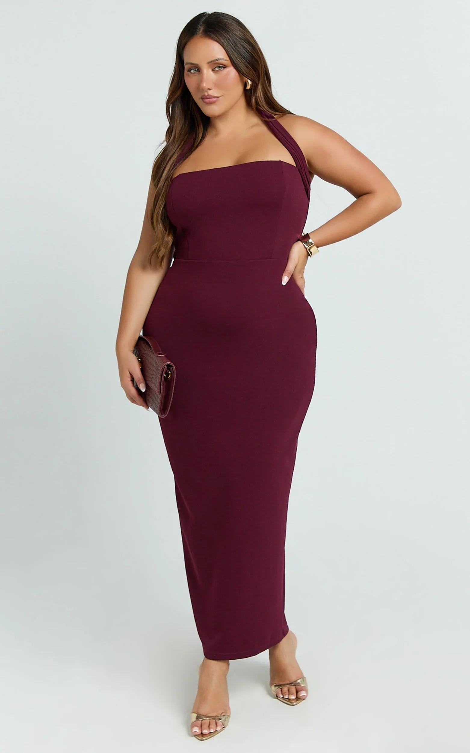 Salome Midi Dress - Halter Neck Column Dress in Wine