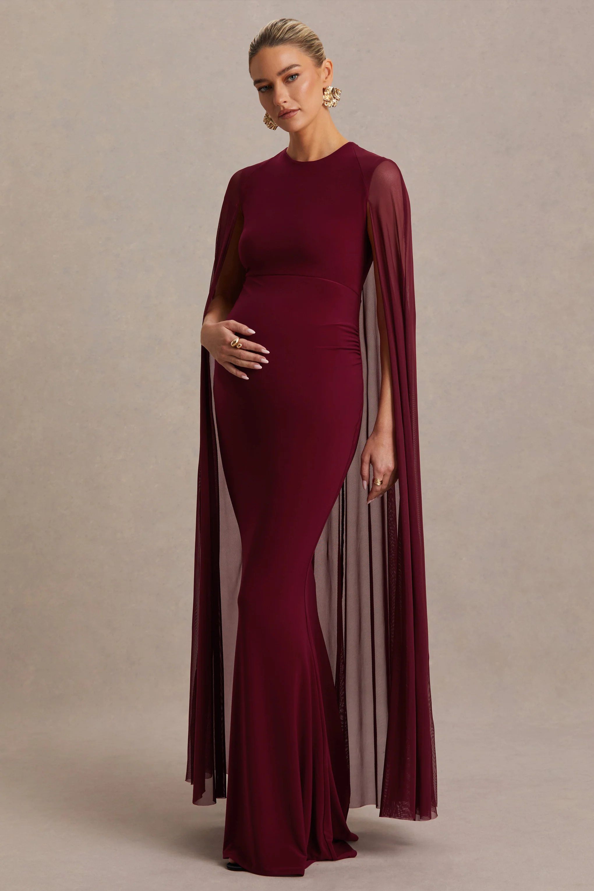 Currant | Berry High-Neck Maternity Maxi Dress With Cape