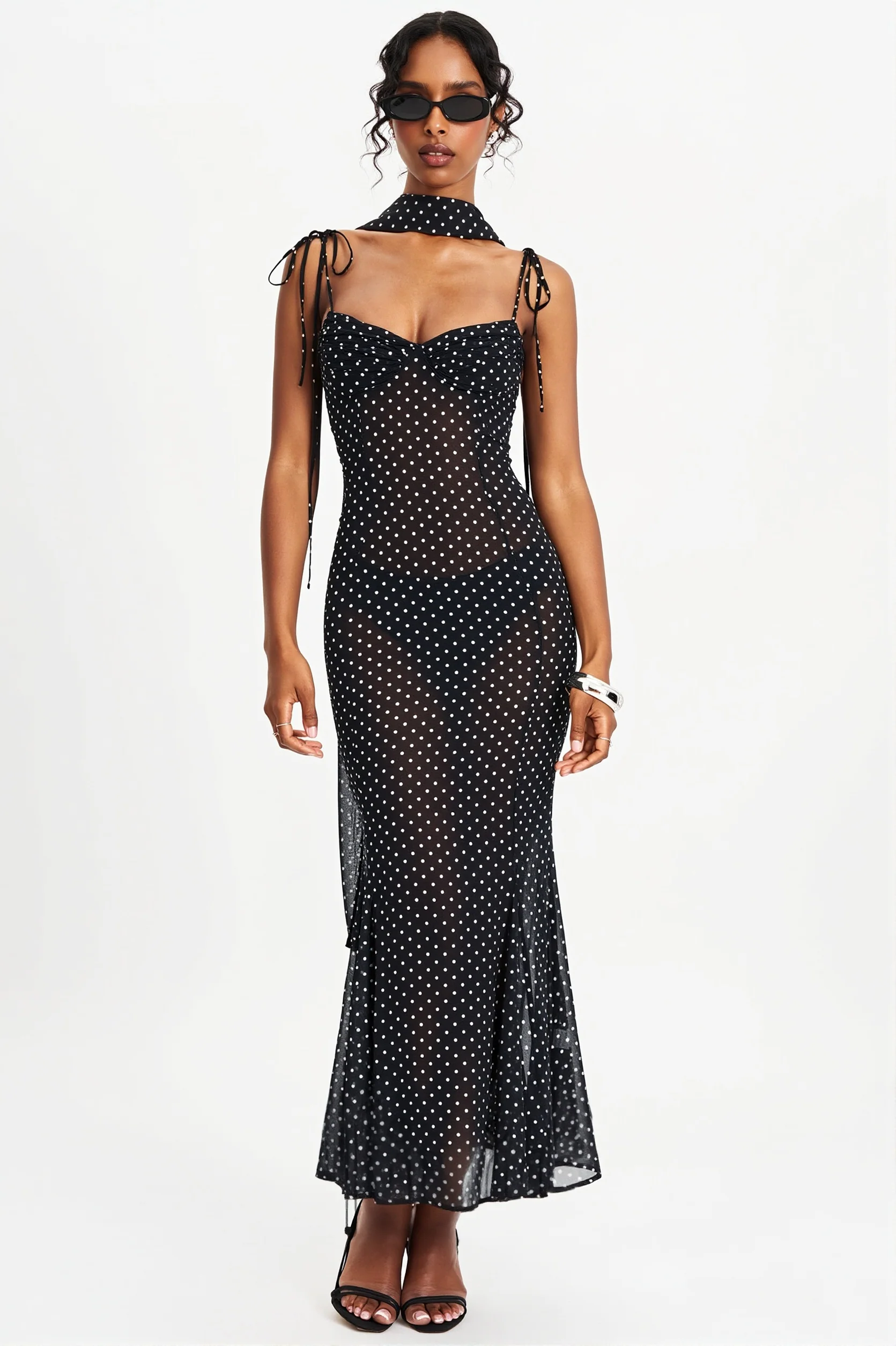 Polka Dot  Ribbon Sheer Bodycon Maxi Dress
