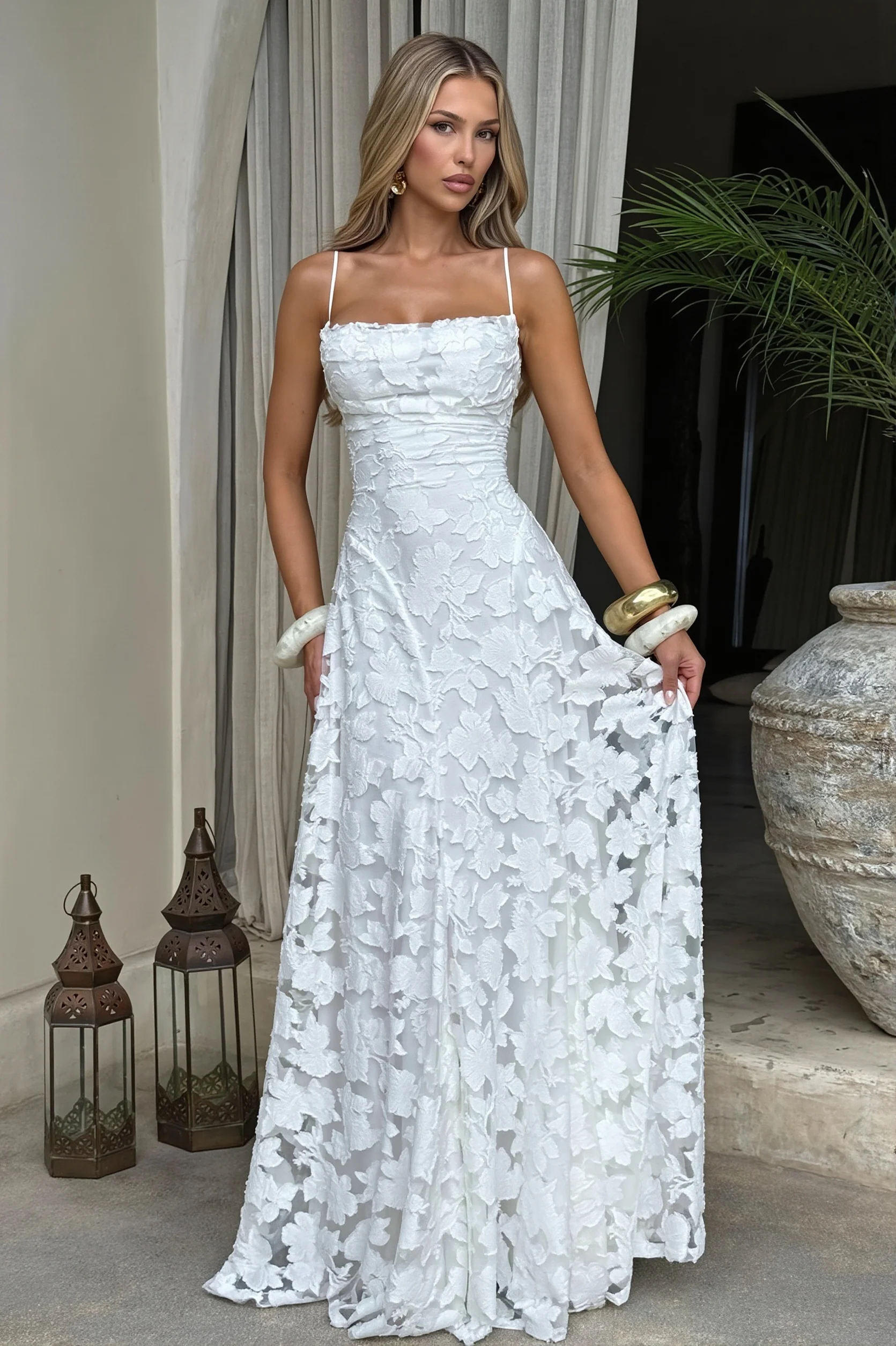 Chiffon Jacquard Backless Cami Maxi Dress