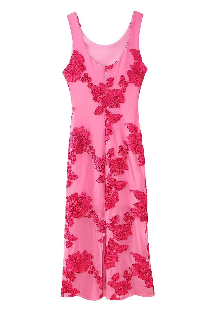 Scoop Hot Pink Floral Jacquard Fitted Long Dress