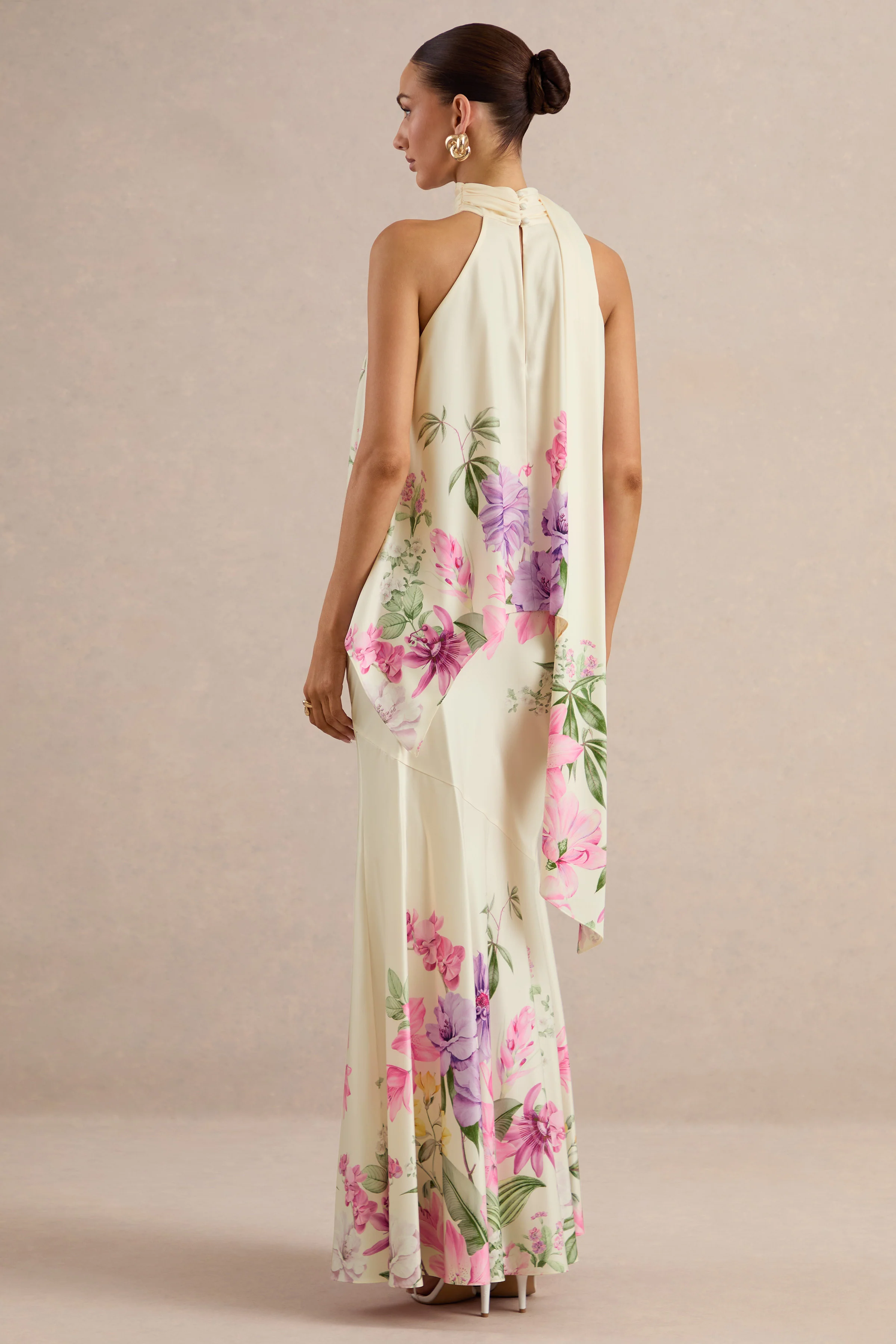 Vayla | Cream Floral Print Satin High Rise Maxi Skirt