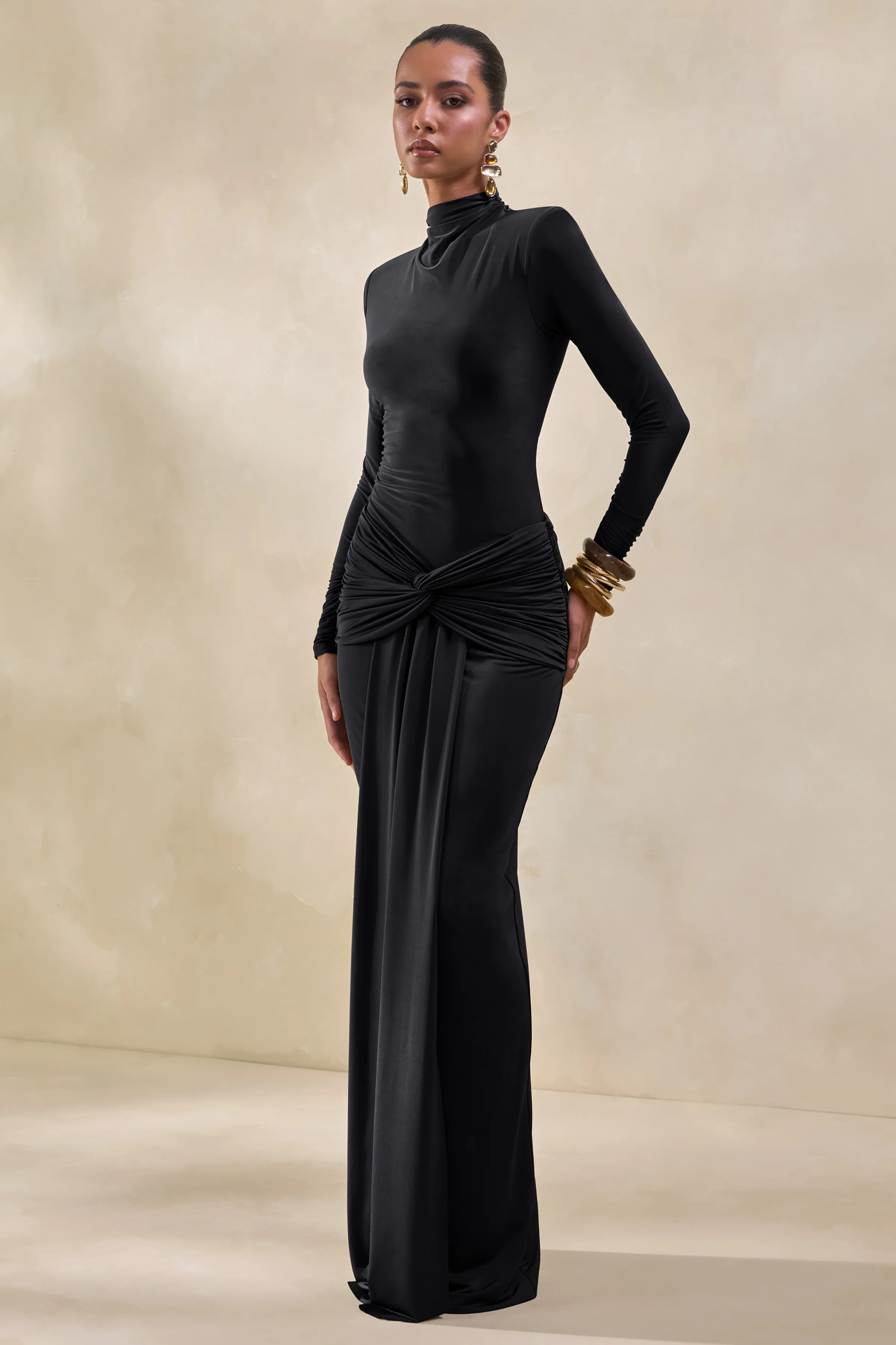Theria | Black Maxi Skirt With Gathering And Knot Detail